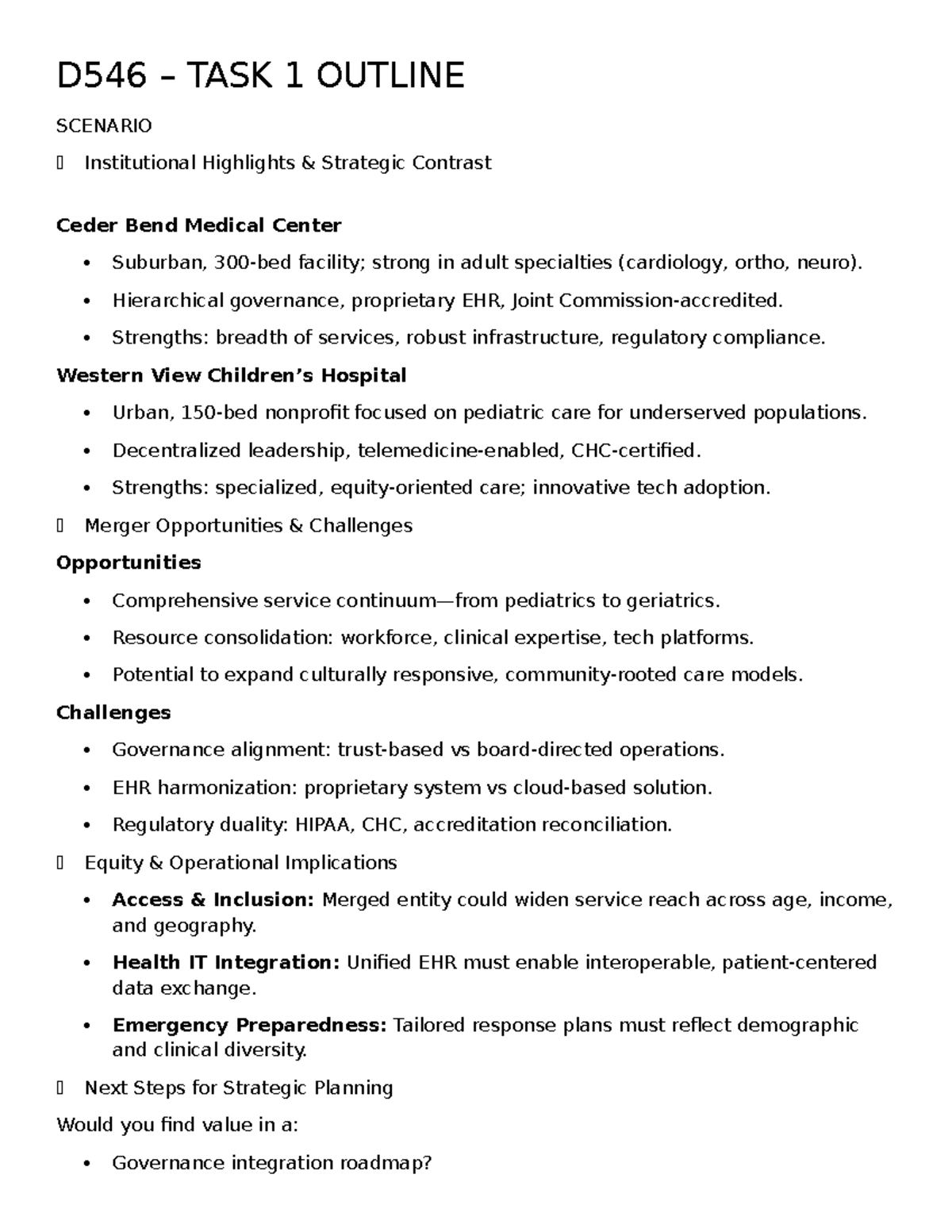 D546 TASK 1 Outline: Strategic Merger Analysis of Ceder Bend & Western ...