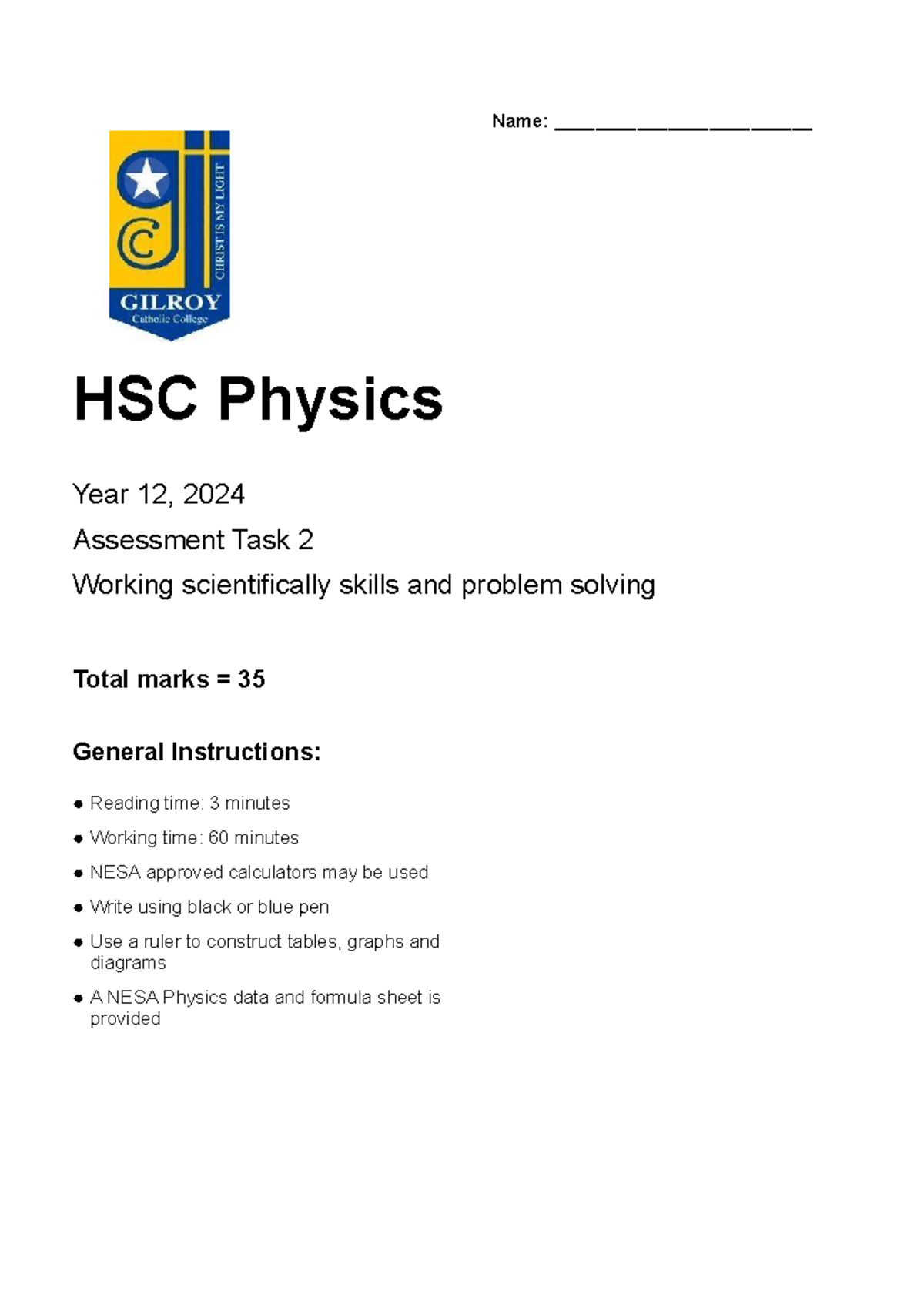 2024 Year 12 Physics Assessment Task 2 - Name ...
