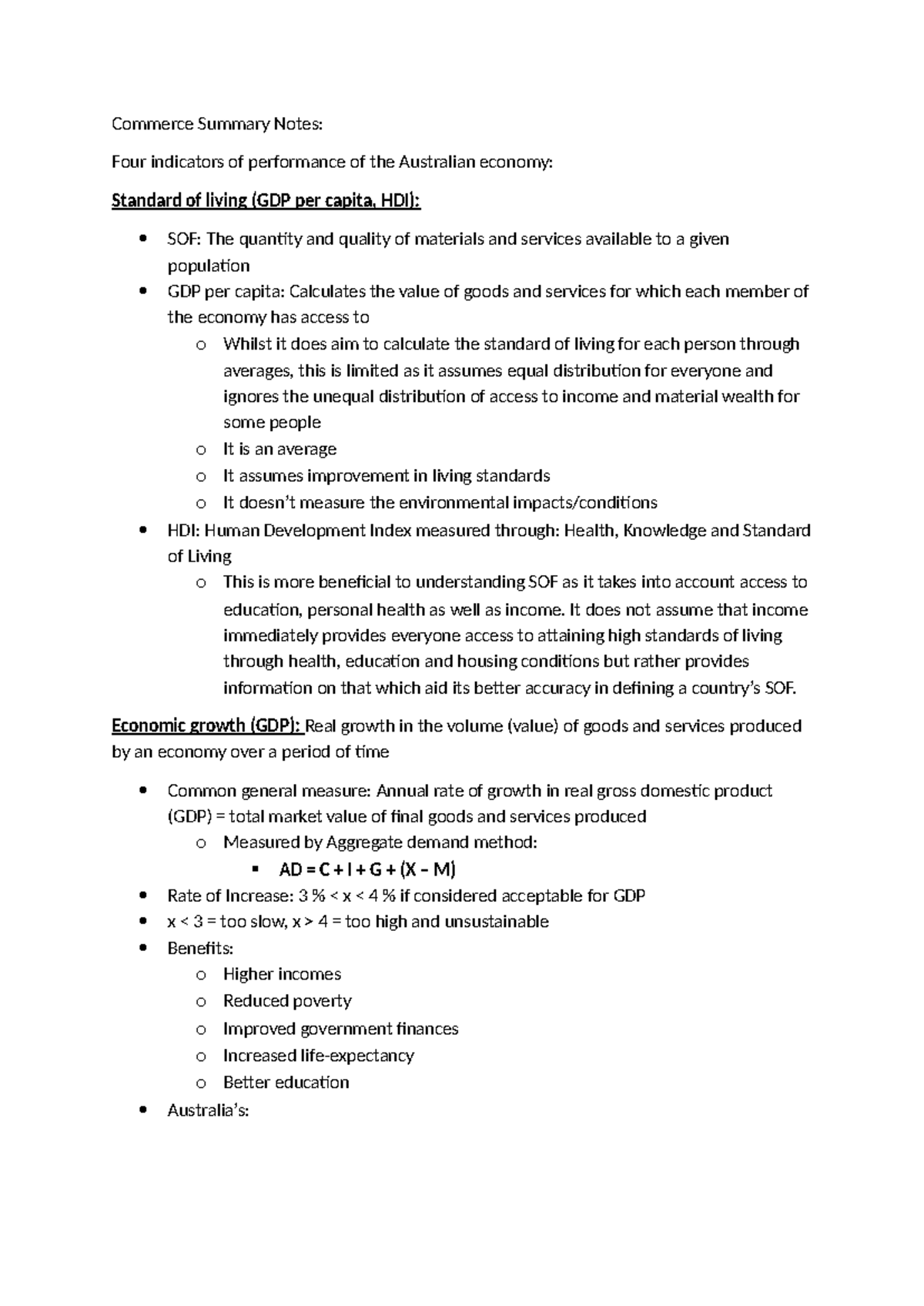 Summary of Indicators of Economy - Commerce Summary Notes: Four ...