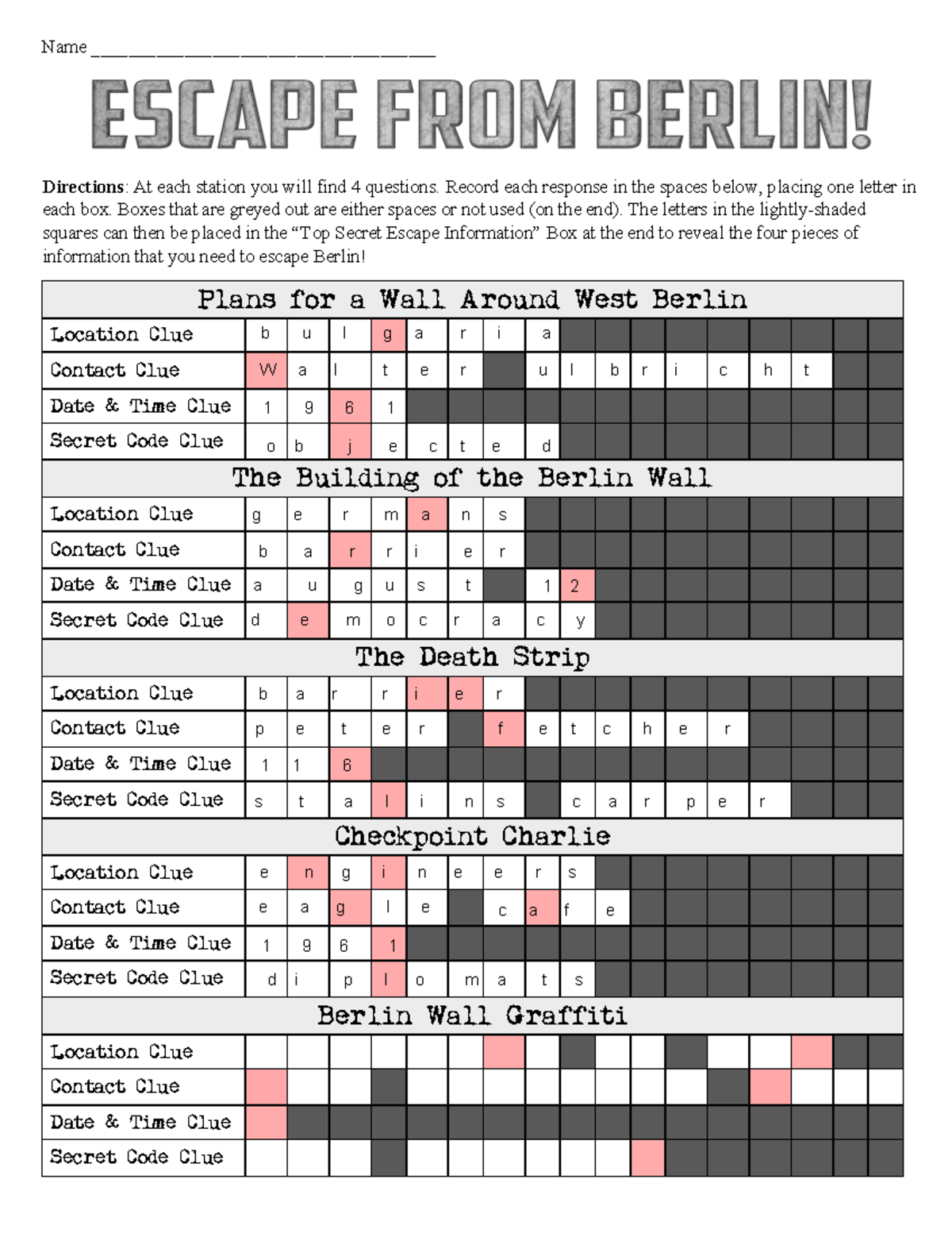 Escape From Berlin Worksheet: Clue Responses and Codes - Studocu