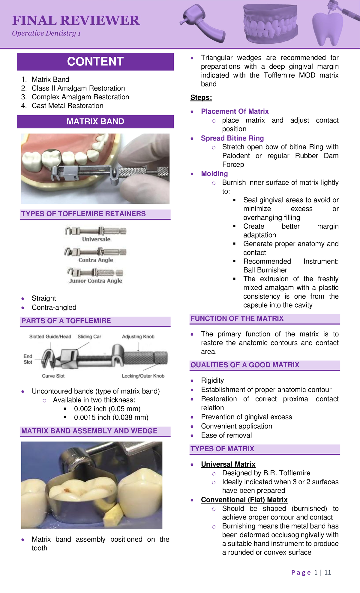 F-OPD-1 - Final Exam Notes on Matrix Bands and Amalgam Restorations ...