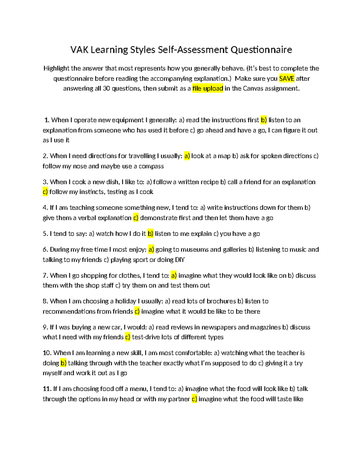 VAK Learning Styles Questionnaire: Self-Assessment Guide - Studocu