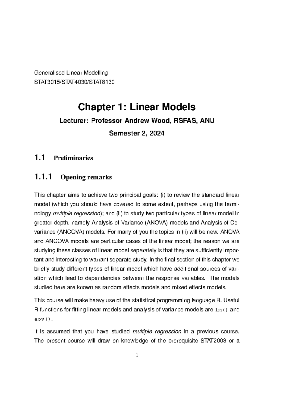 8130 STAT3015/STAT4030 Chapter 1: Introduction to Linear Models - Studocu