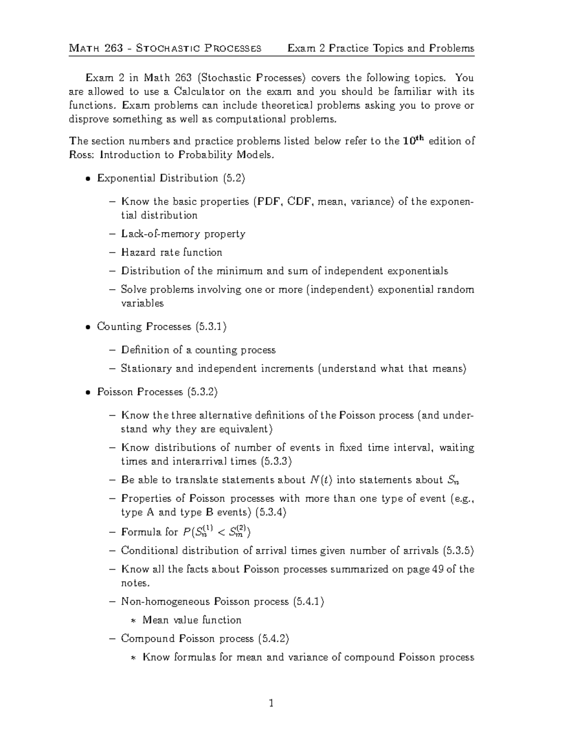 Math 263 Exam Review: Stochastic Processes Topics for Exam 2 - Studocu