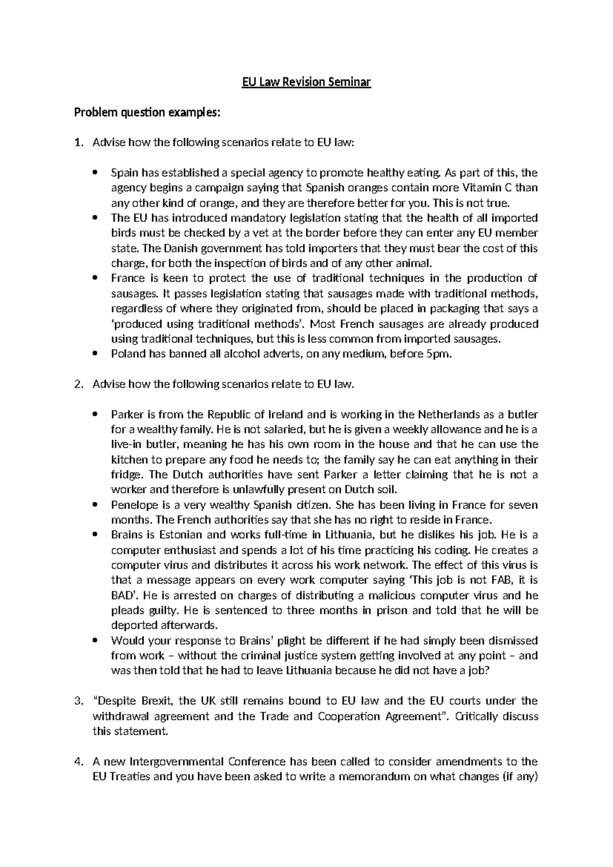 EU Law Revision Seminar 2025: Problem Questions & Case Scenarios - Studocu