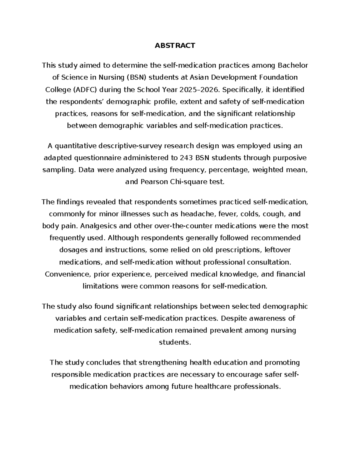 BSN Student Self-Medication Practices: A Study at ADFC - Studocu