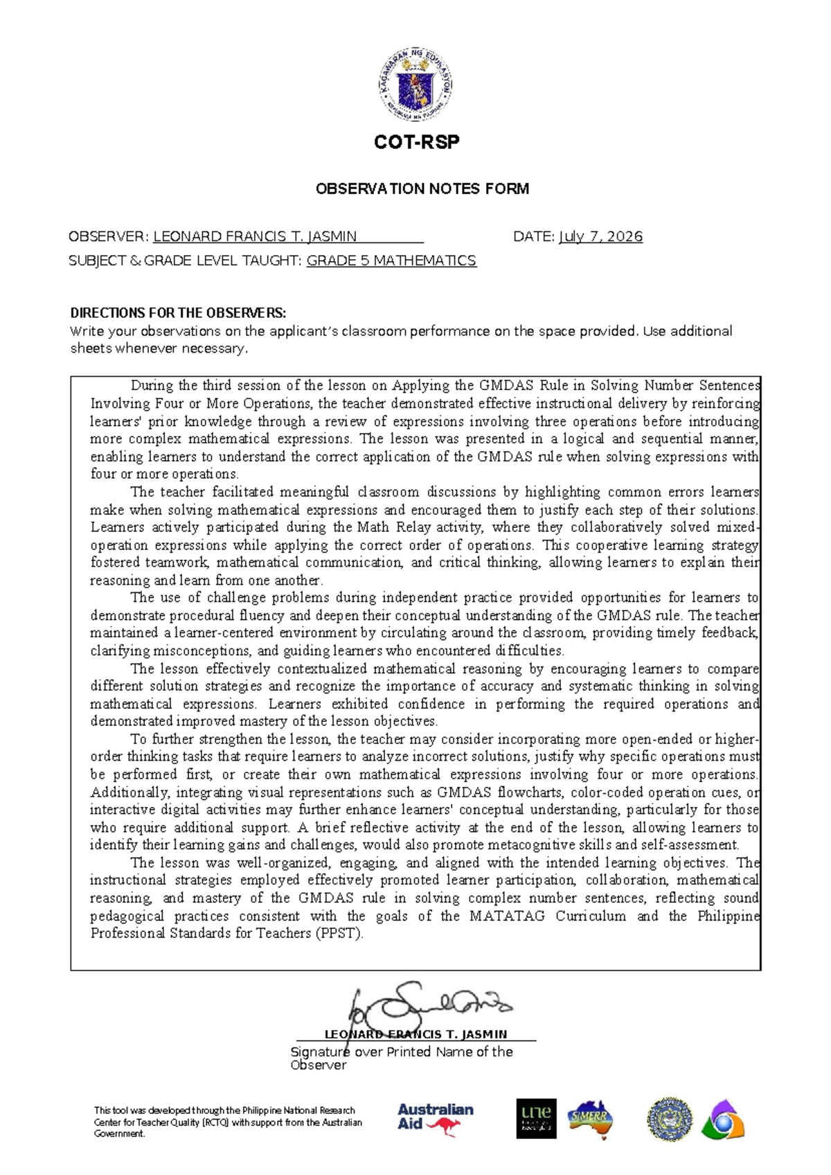 July 2026 Classroom Observations: COT-RSP Observation Notes Form - Studocu