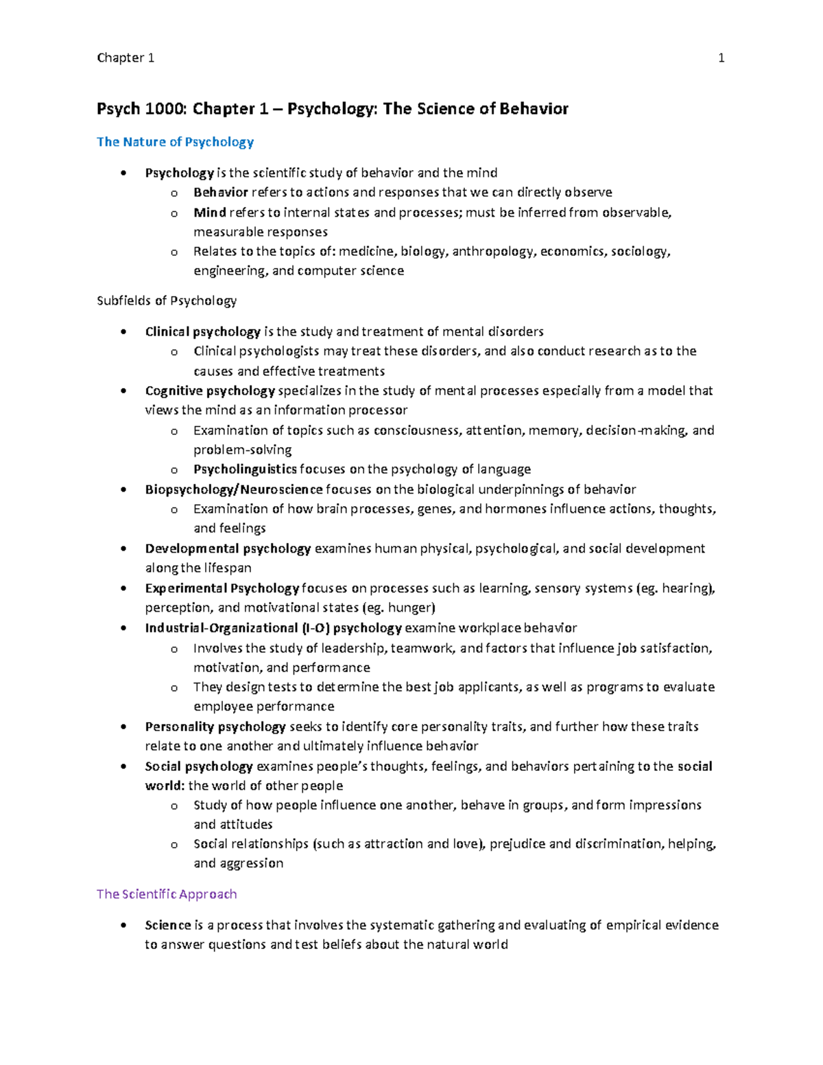 Psych 1000: Chapter 1 – Introduction to Psychology Notes - Studocu