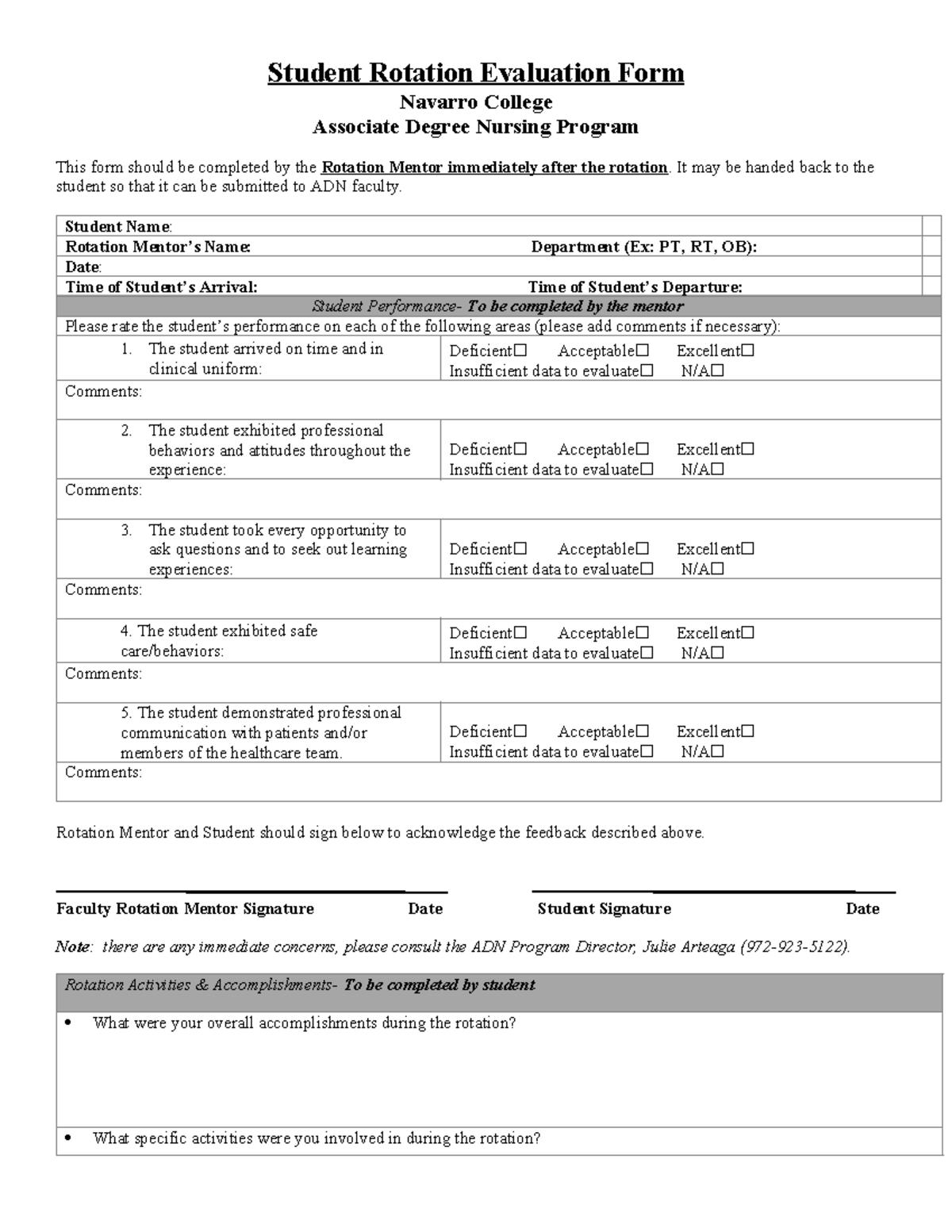 Out-Rotation Evaluation - It may be handed back to the student so that ...