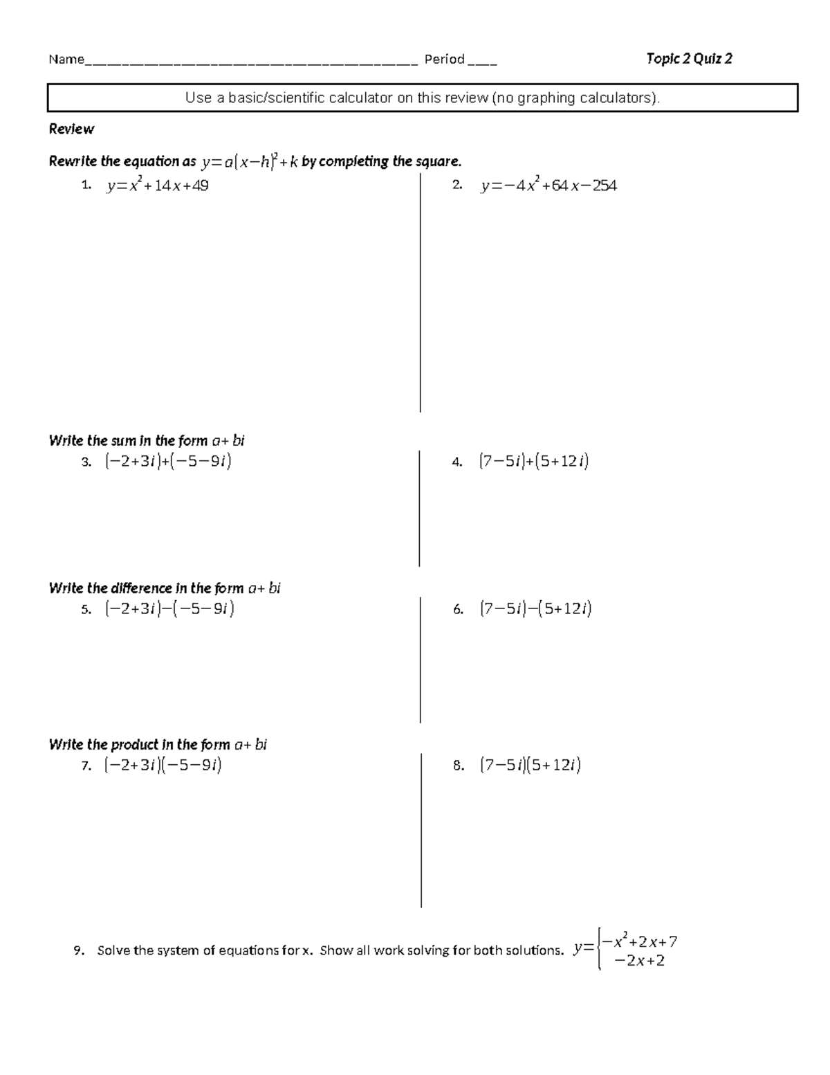 Alg2 Topic 2 Quiz 2 Review - Name ...