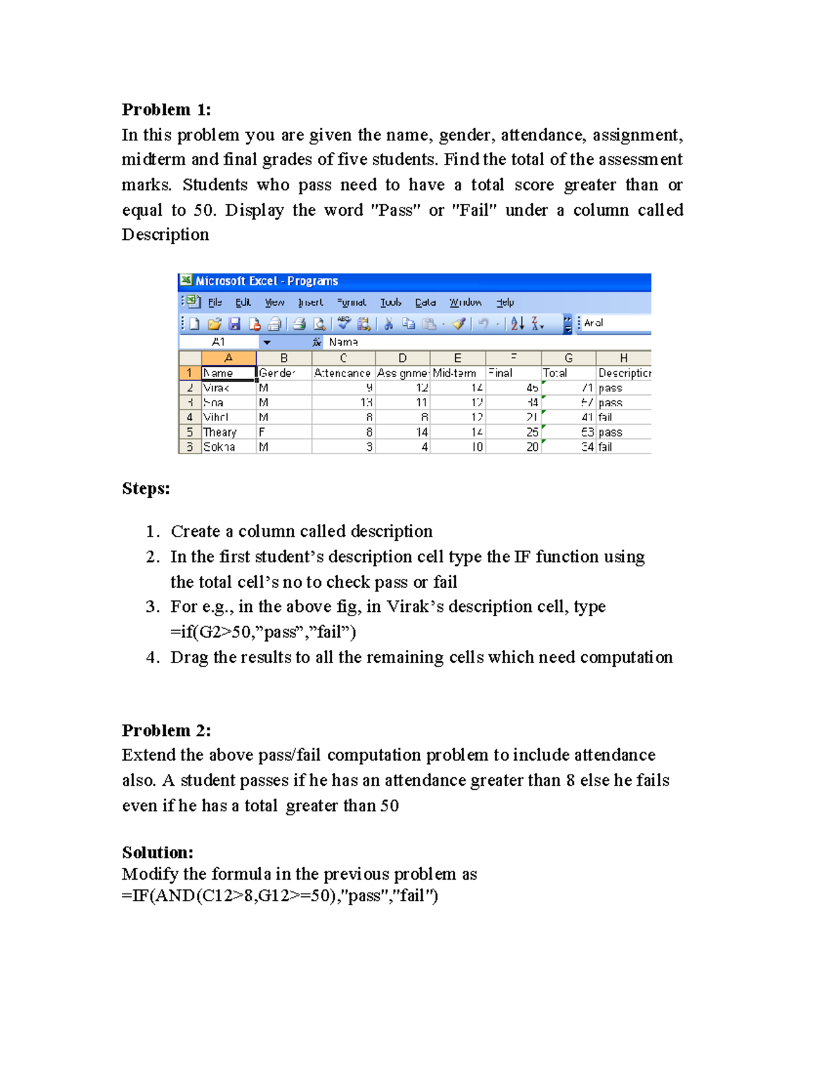 IF Excel Practical Questions: Assessment Marks & Student Results - Studocu