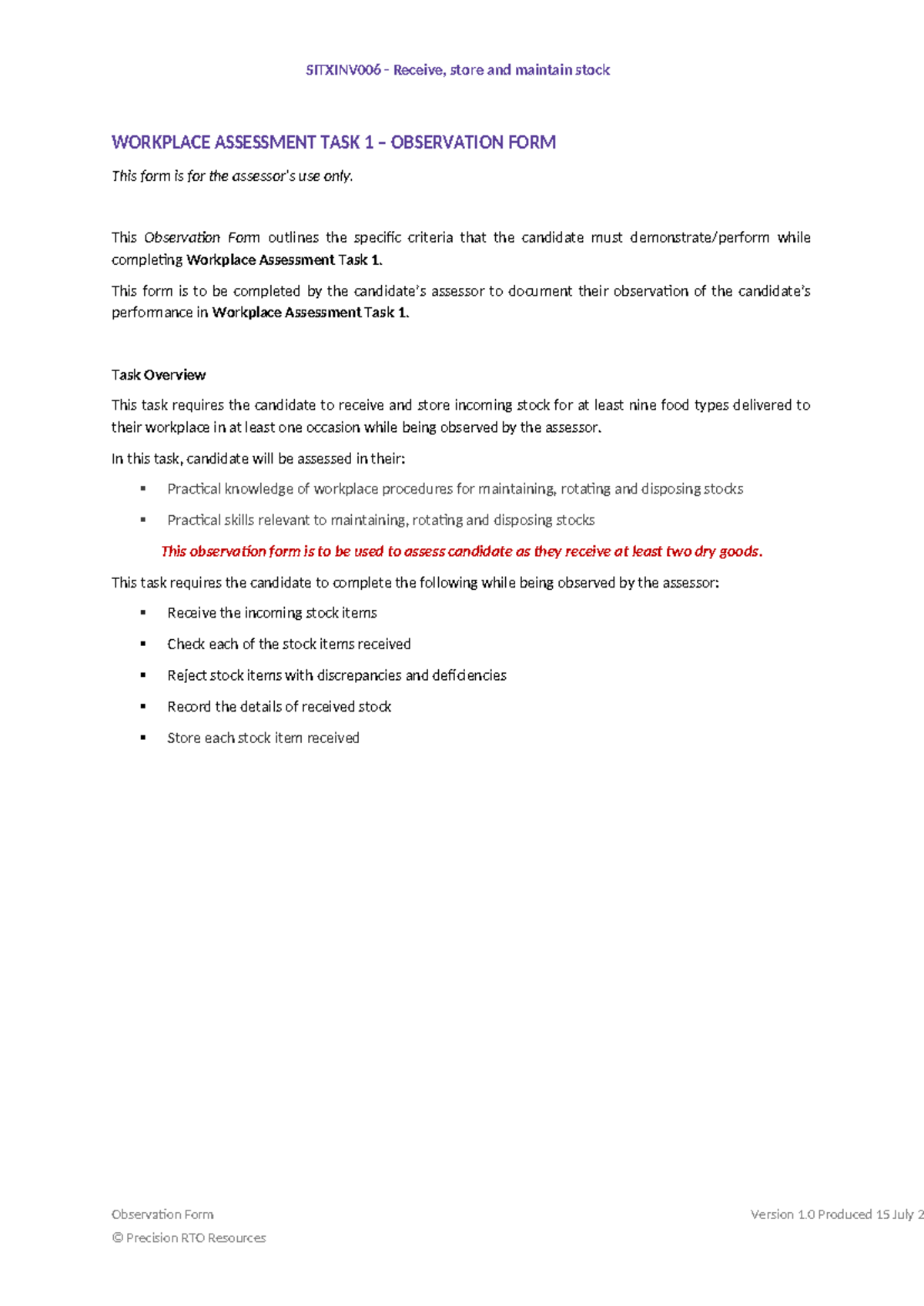 SITXINV006 Workplace Assessment Task 1: Observation Form v1.0 - Studocu