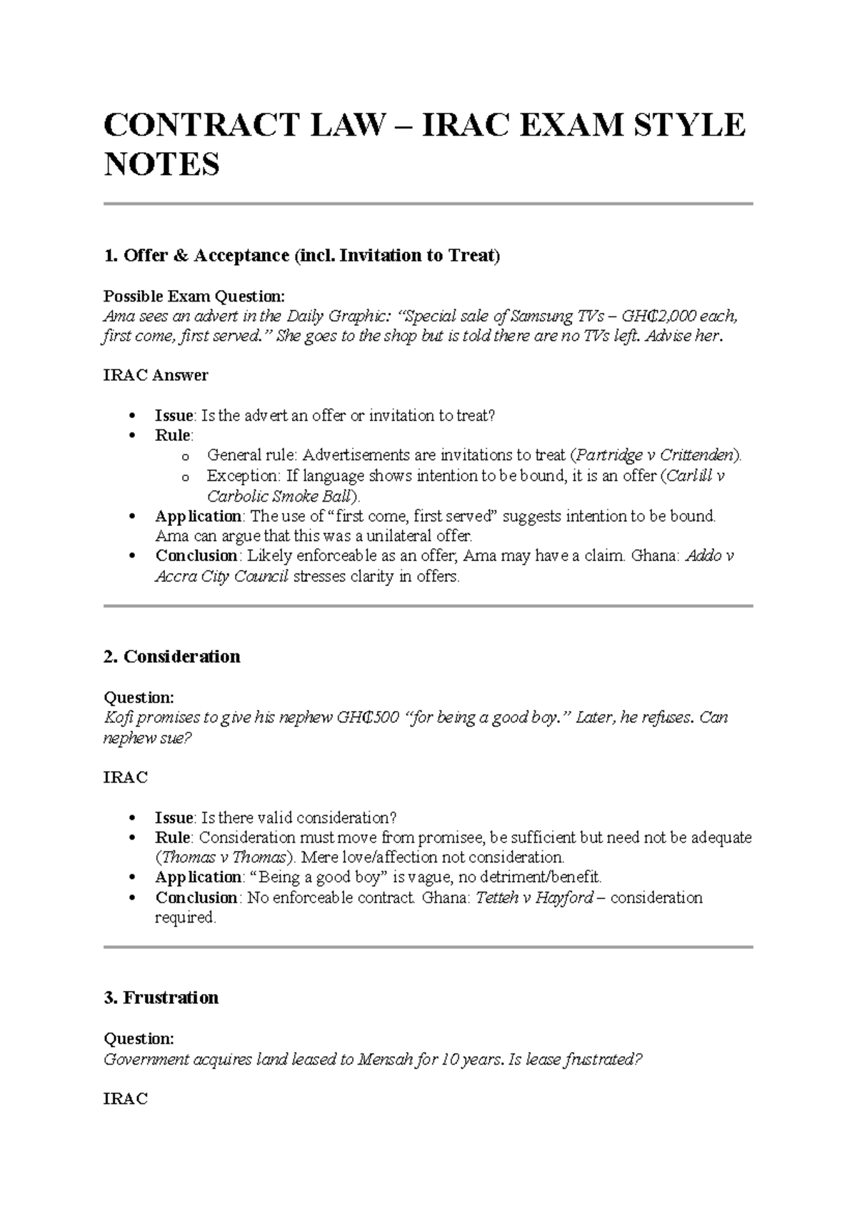 CONTRACT LAW IRAC EXAM STYLE NOTES: Key Concepts & Cases - Studocu
