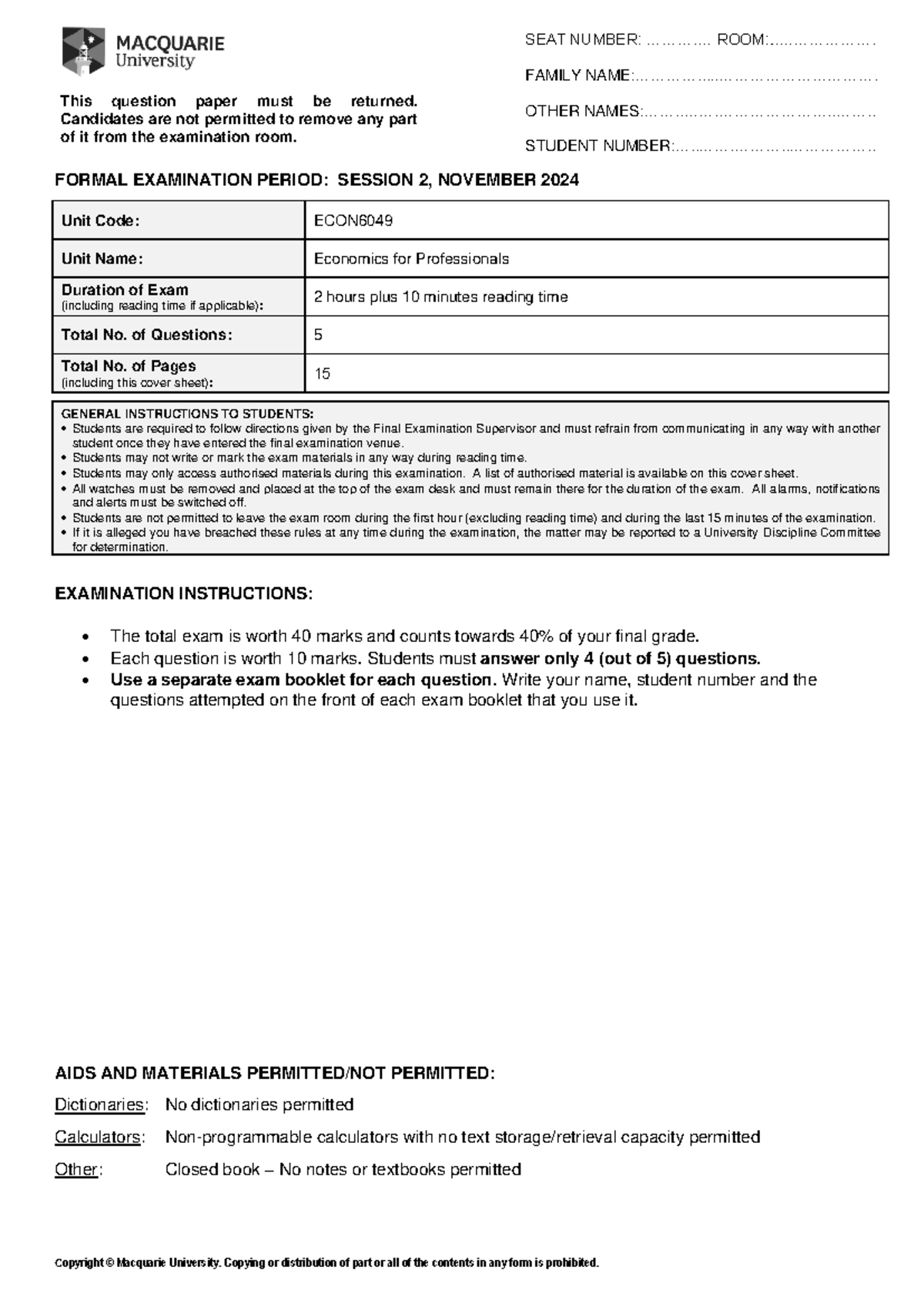 ECON6049 2024S2 - Final Exam Practice Questions and Instructions - Studocu