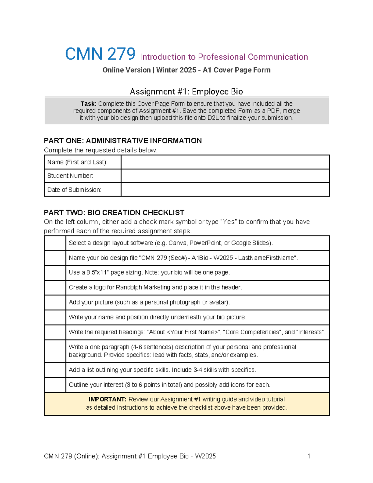 CMN 279 - A1 Employee Bio Assignment Guidelines - W2025 - Studocu