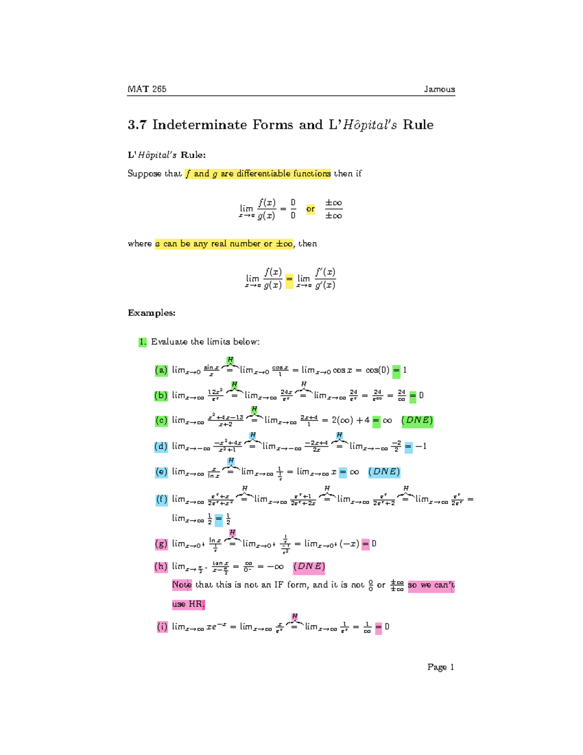MAT 265 Final Exam Study Notes: Understanding L'Hôpital's Rule - Studocu