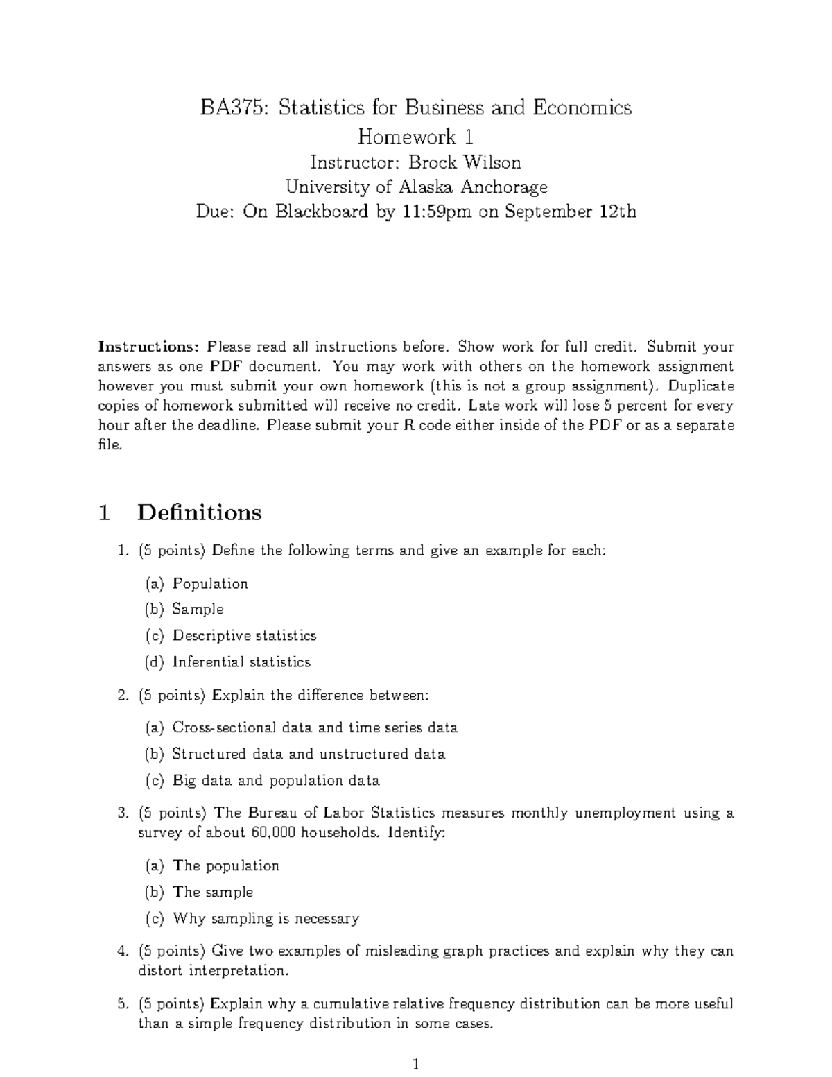 BA375: Statistics for Business and Economics - Homework 1 Overview ...