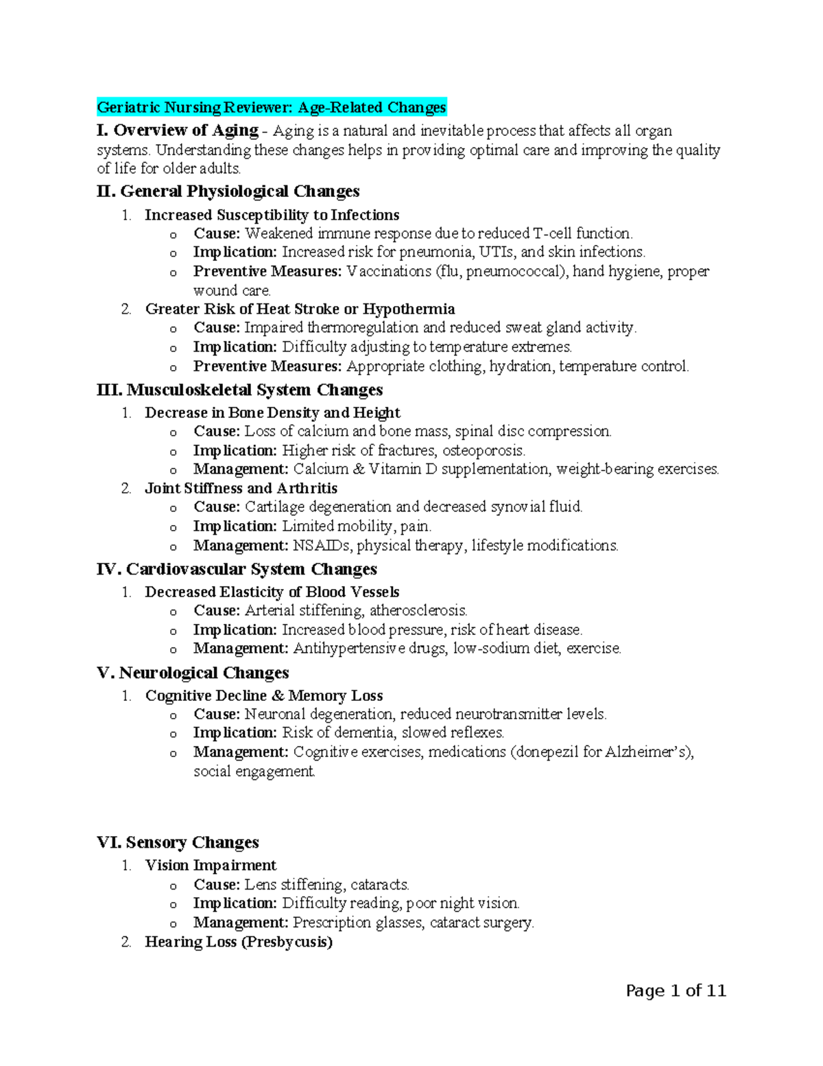 Geriatric Nursing Review: Physiological Changes in Aging (CU1-5) - Studocu
