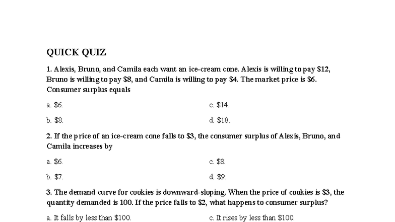 ECON 101: Quick Quiz 1 - Consumer and Producer Surplus Concepts - Studocu