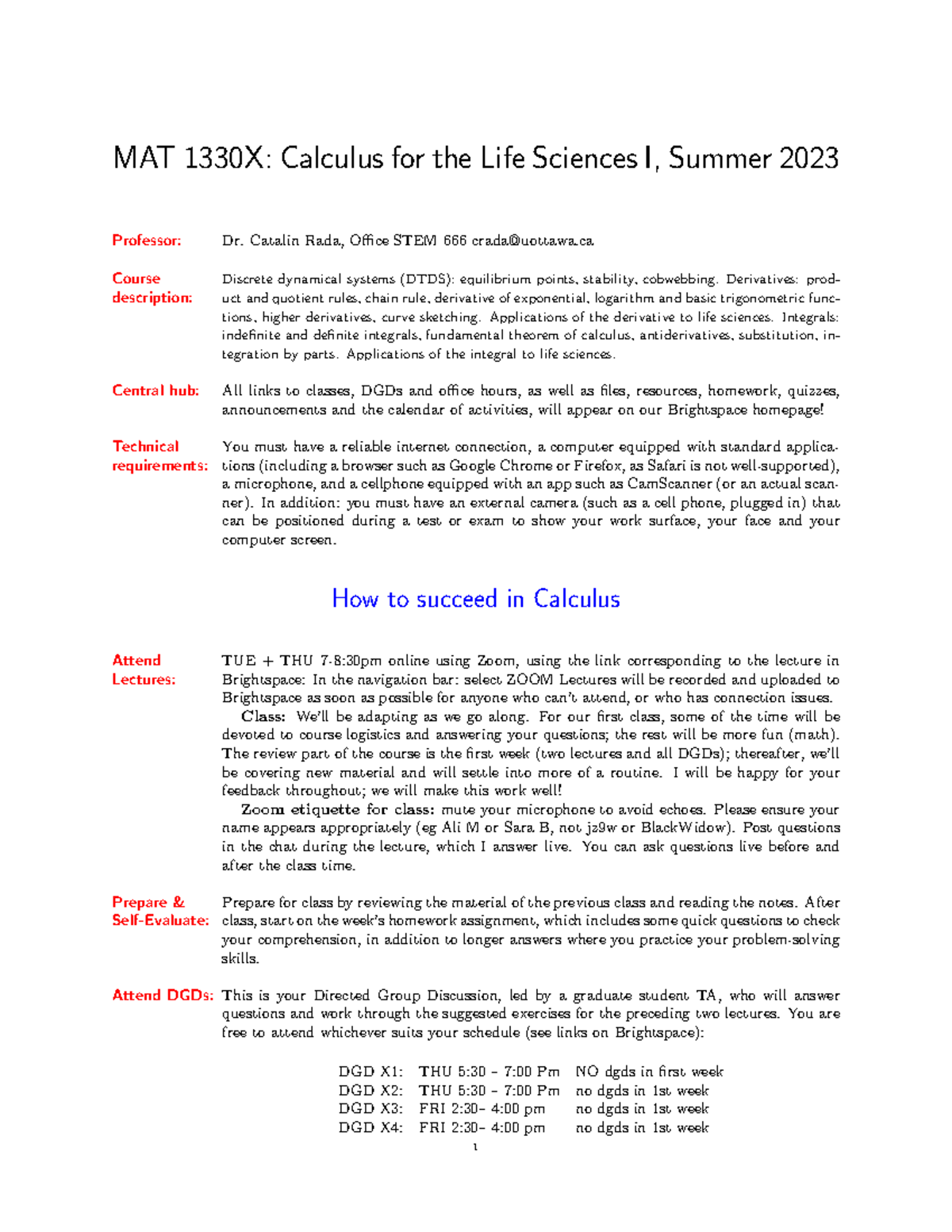 MAT 1330X: Syllabus for Calculus in Life Sciences I, Summer 2023 - Studocu