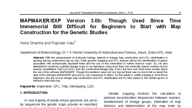 Genetic Linkage Map Construction & QTL Analysis Using MAPMAKER (JTPR ...