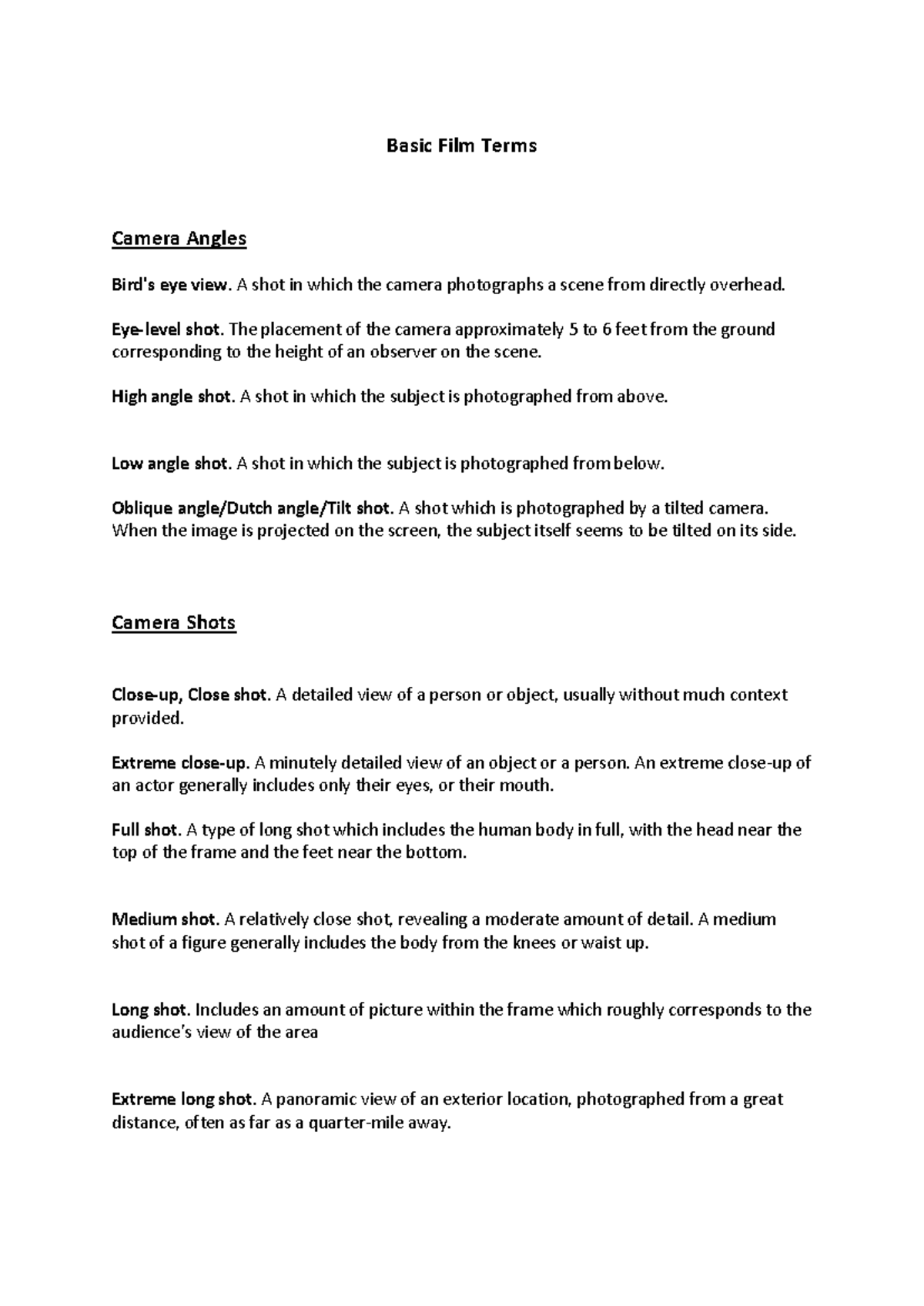 Basic Film Terms: Understanding Camera Angles and Shots - Studocu