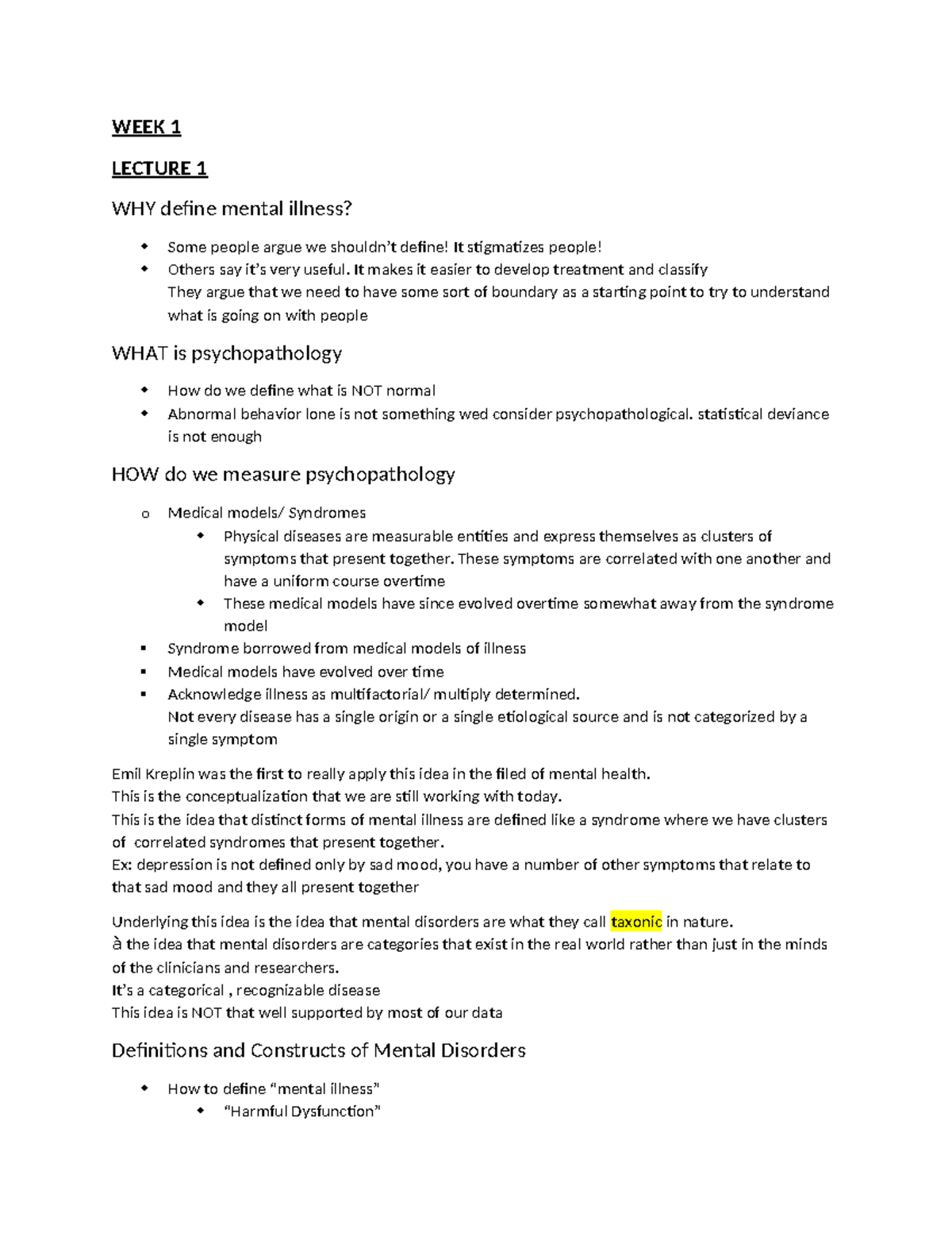 PSYC 337 -Lectures - notes - WEEK 1 LECTURE 1 WHY define mental illness ...