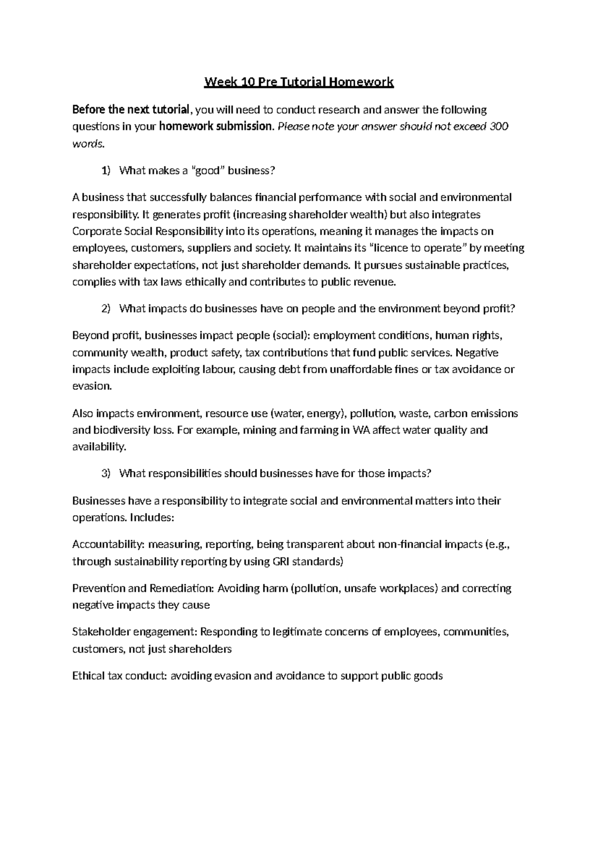 Week 10 Pre-Tutorial Homework: Business Impact & Responsibilities - Studocu