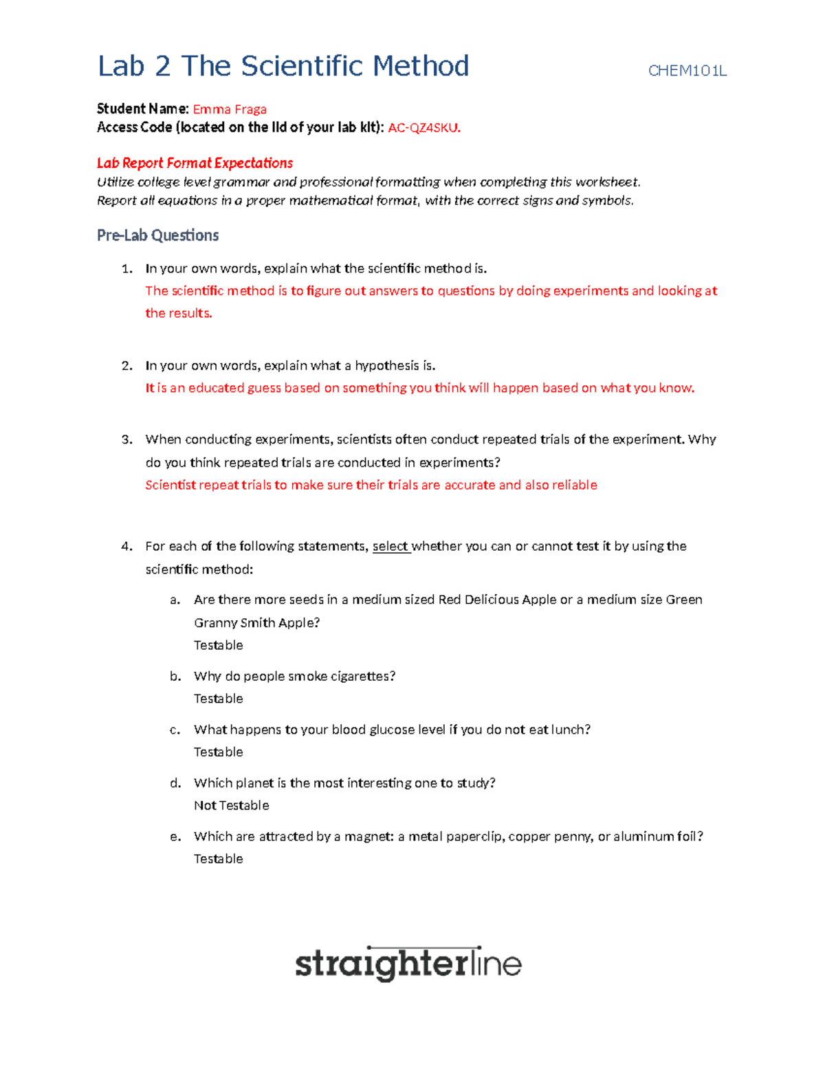 CHEM101L Lab 2: Understanding the Scientific Method and Hypothesis ...