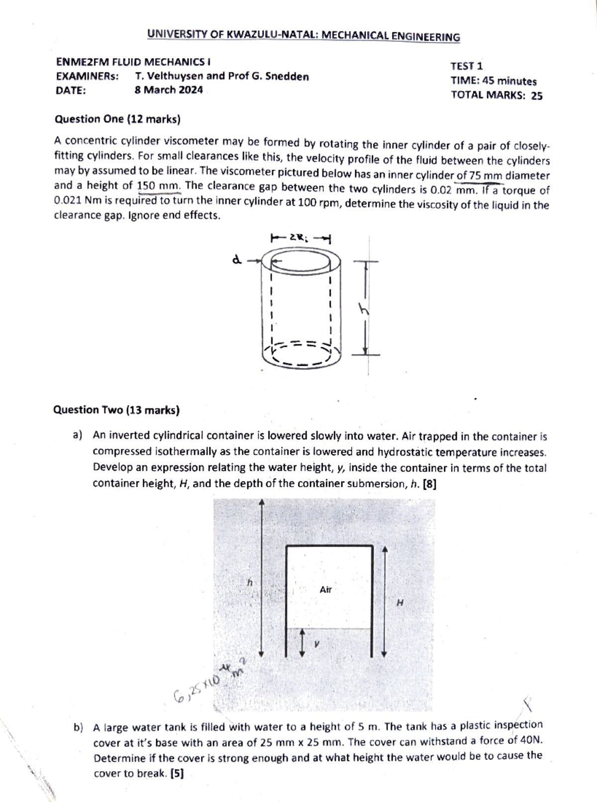 Fluid Mechanics 2024 Test 1 - ENME2FM FLUIDMECHANICS I EXAMINERS ...