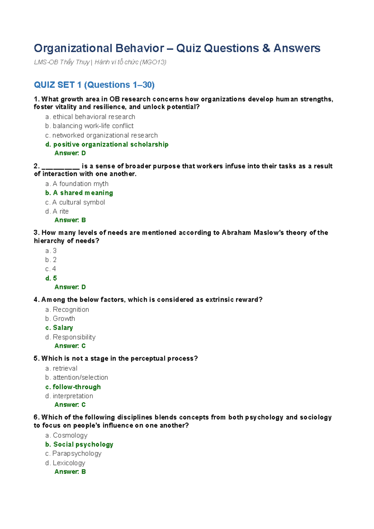 Organizational Behavior Quiz Questions & Answers (MGO13) Set 1 & 2 ...
