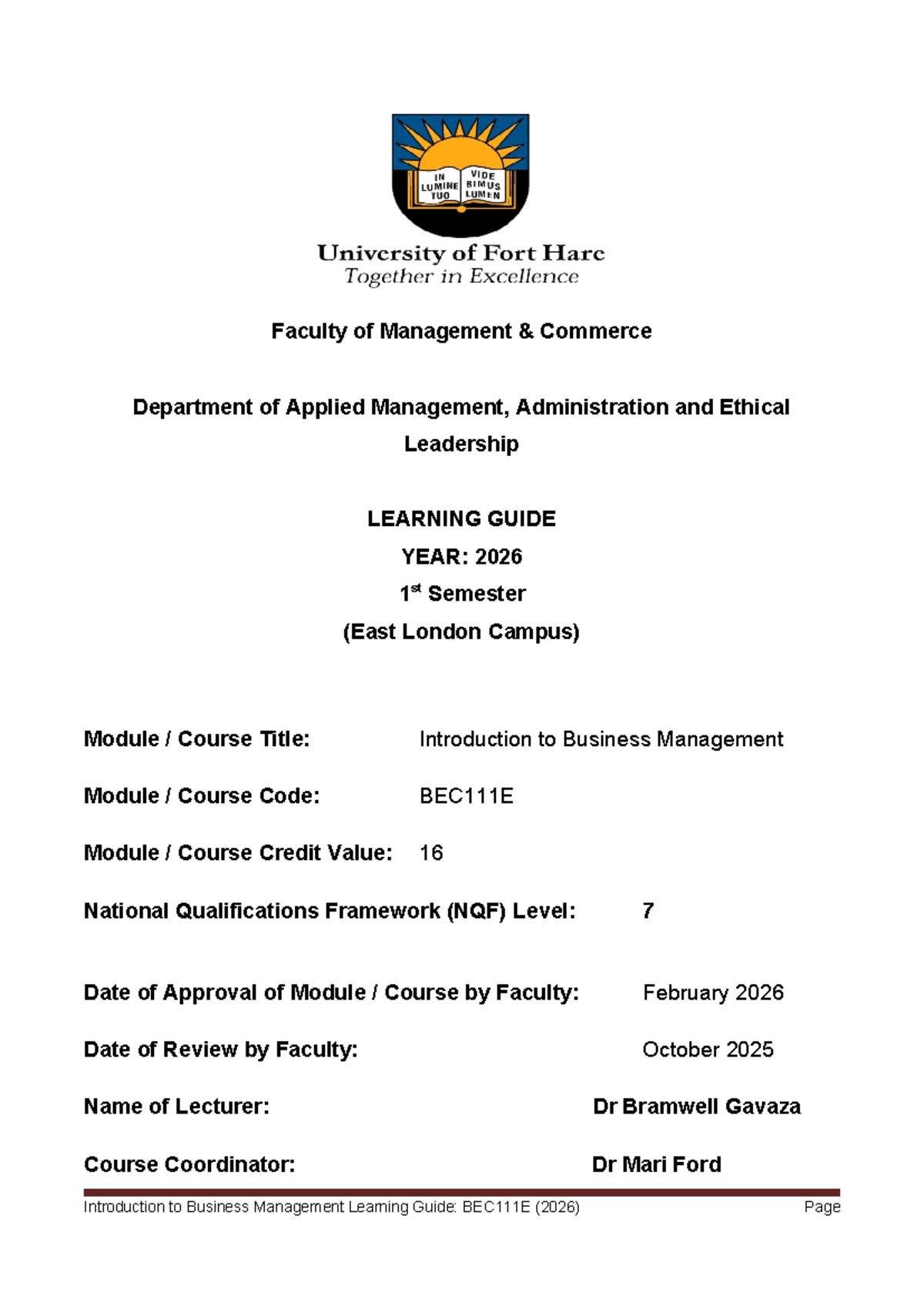 BEC111E Introduction to Business Management Learning Guide 2026 - Studocu