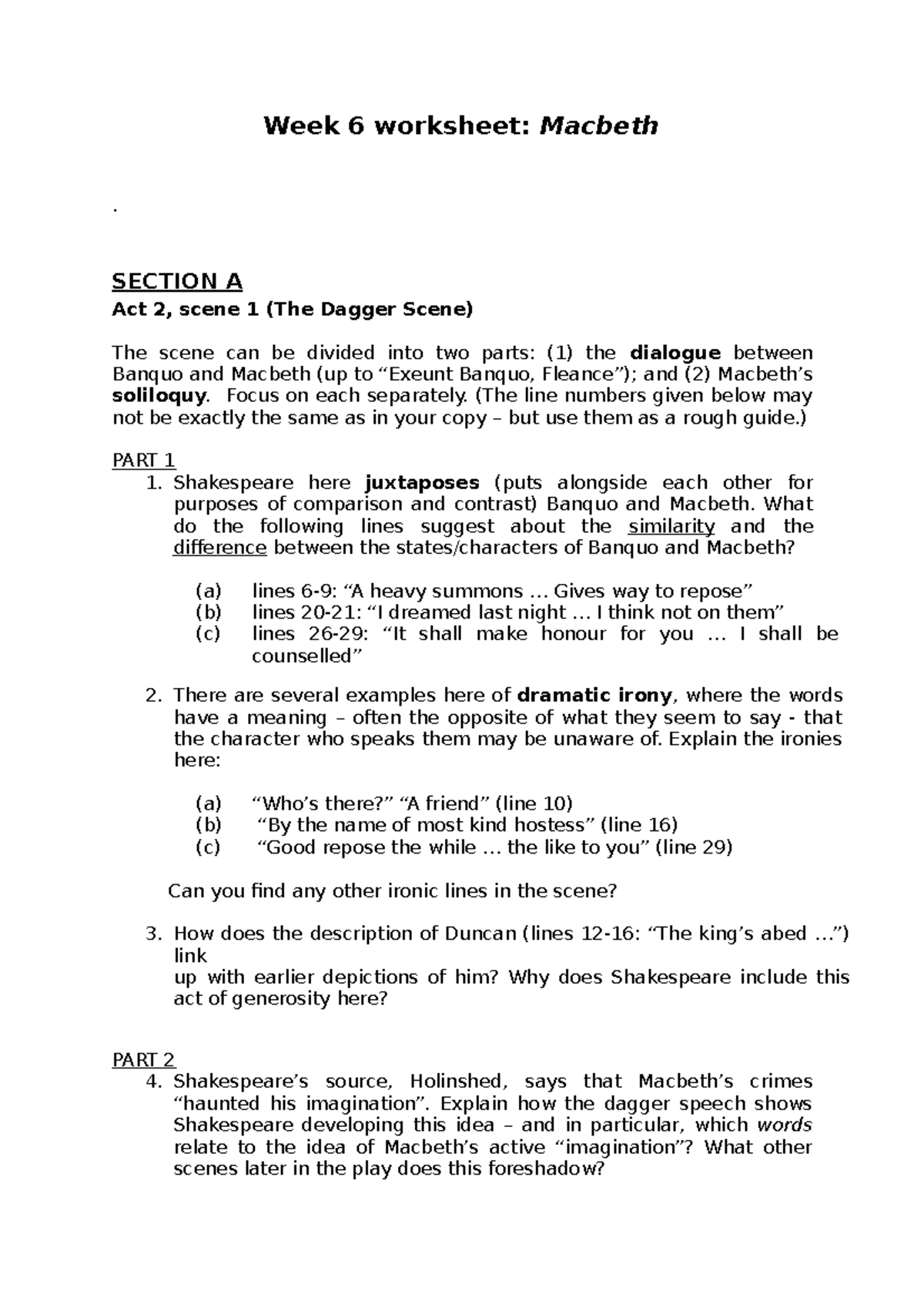 Worksheet week 6 - Week 6 worksheet: Macbeth . SECTION A Act 2, scene 1 ...