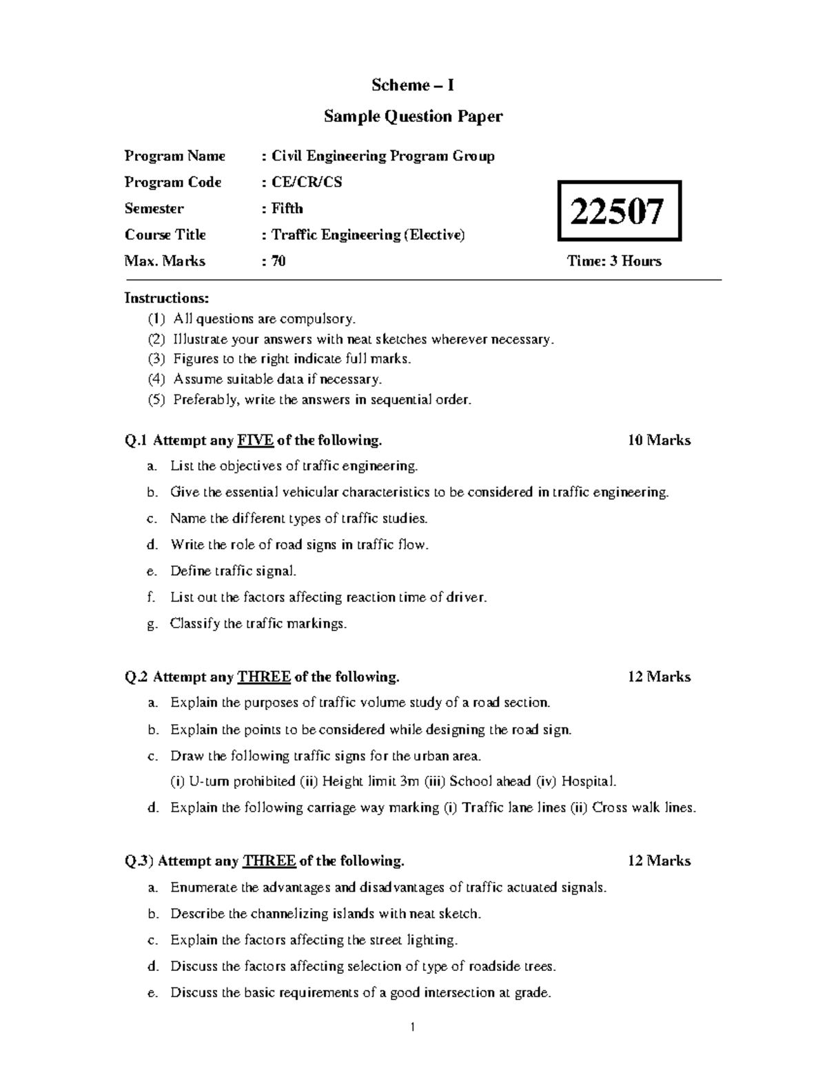 22507 - Traffic Engineering (Elective) Sample Question Paper - Studocu