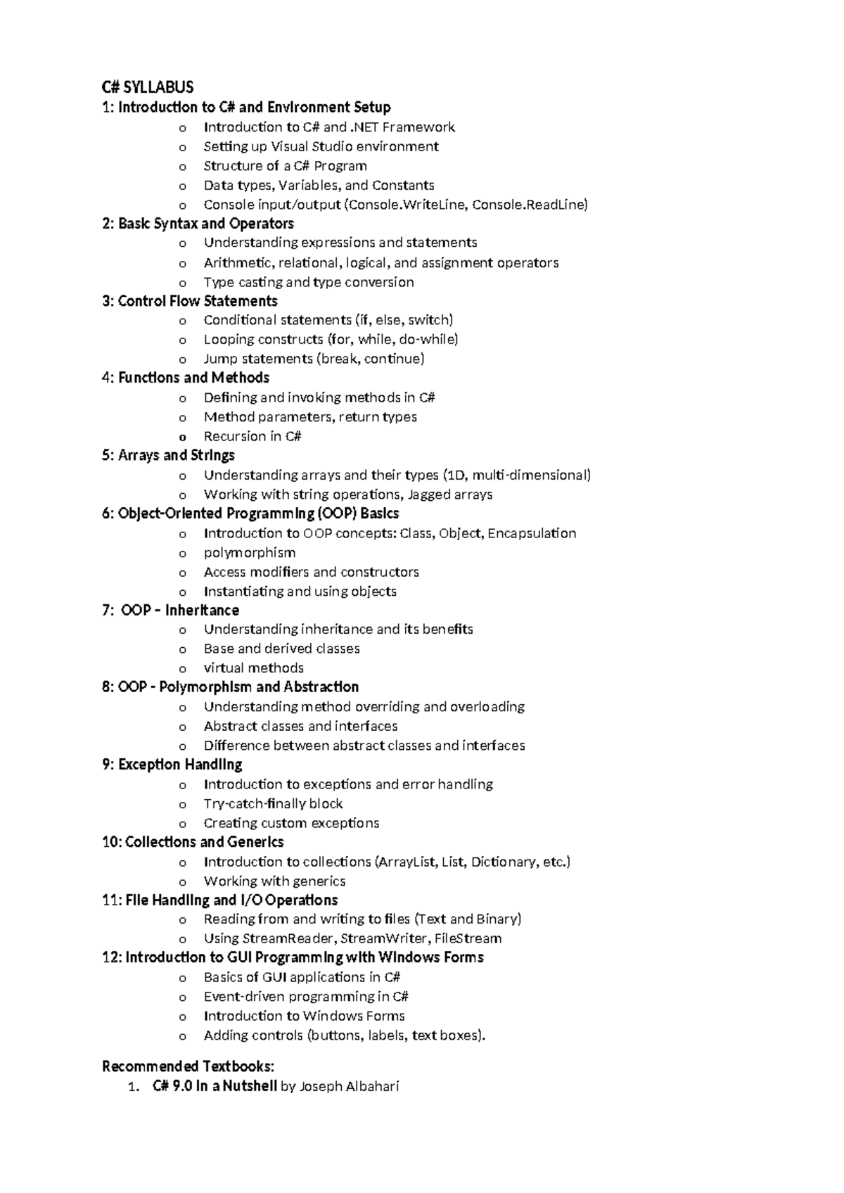 C# Syllabus: Comprehensive Guide to .NET Framework and OOP Concepts ...