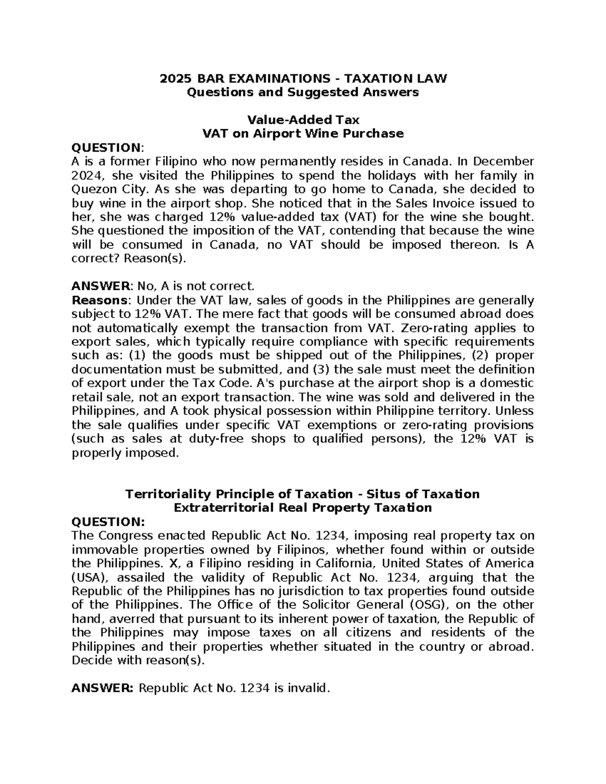 2025 TAX BAR EXAM: Taxation Law Questions & Answers - Document Preview
