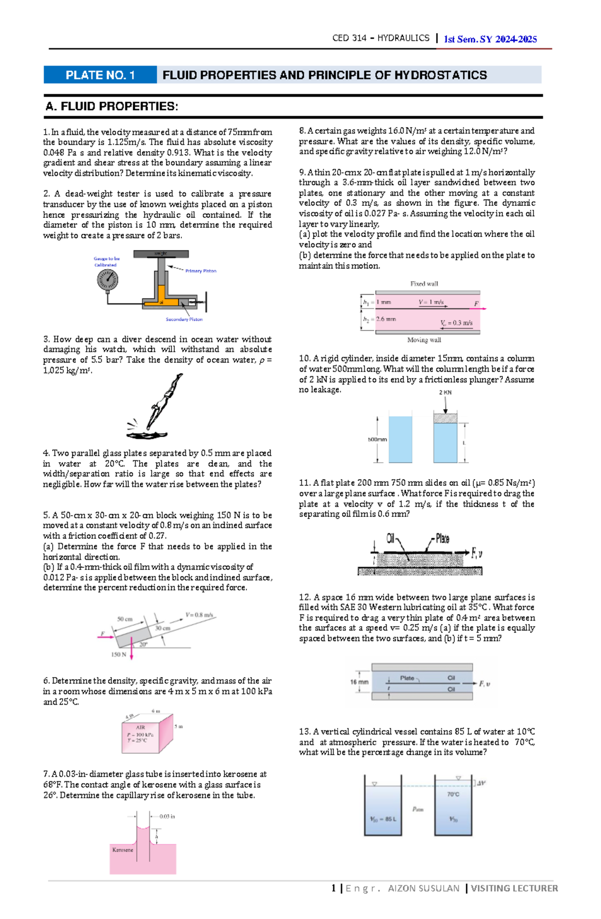 CED 314 – Hydraulics | Plate No. 1: Fluid Properties & Hydrostatics ...