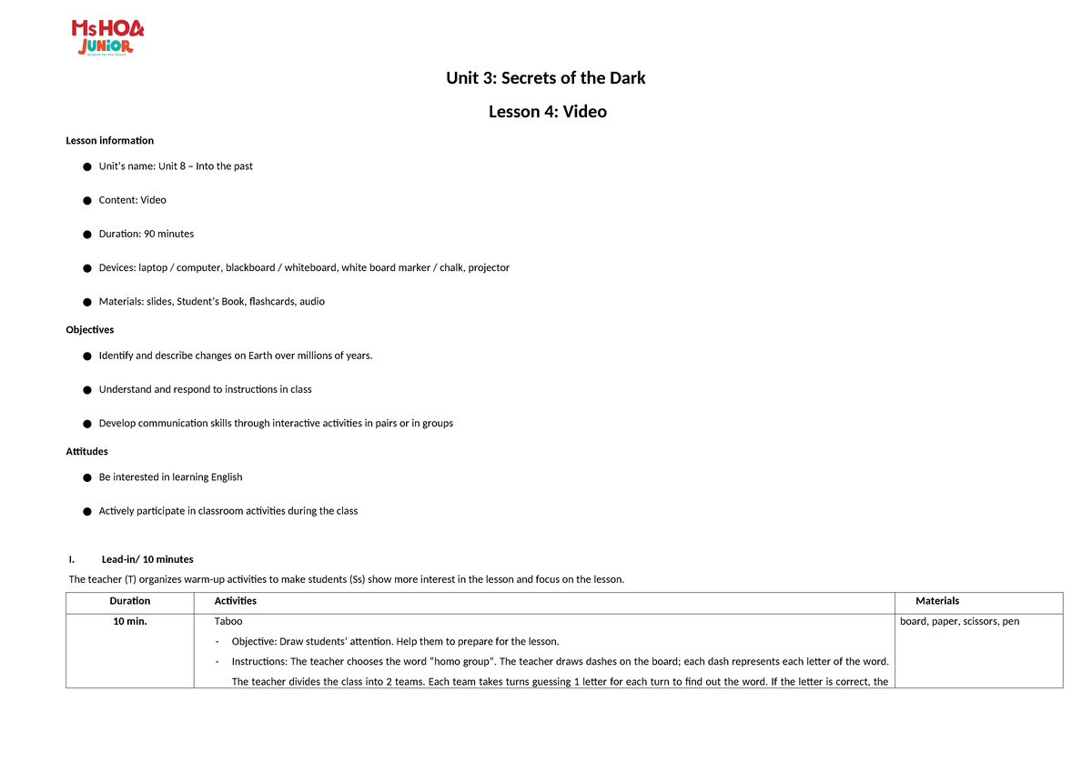 LP Lesson 4: Unit 8 - KET Video Lesson on Earth's Changes - Studocu