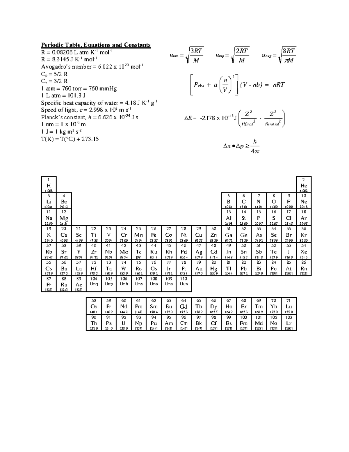 Midterm Eqn Sheet: Key Constants & Formulas for Chemistry - Studocu