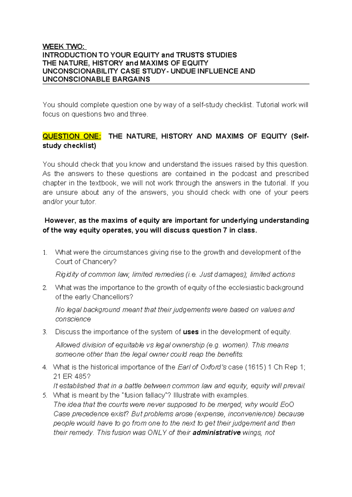 LLB205 Week 2 Tutorial: Equity, Trusts, and Unconscionability Cases ...