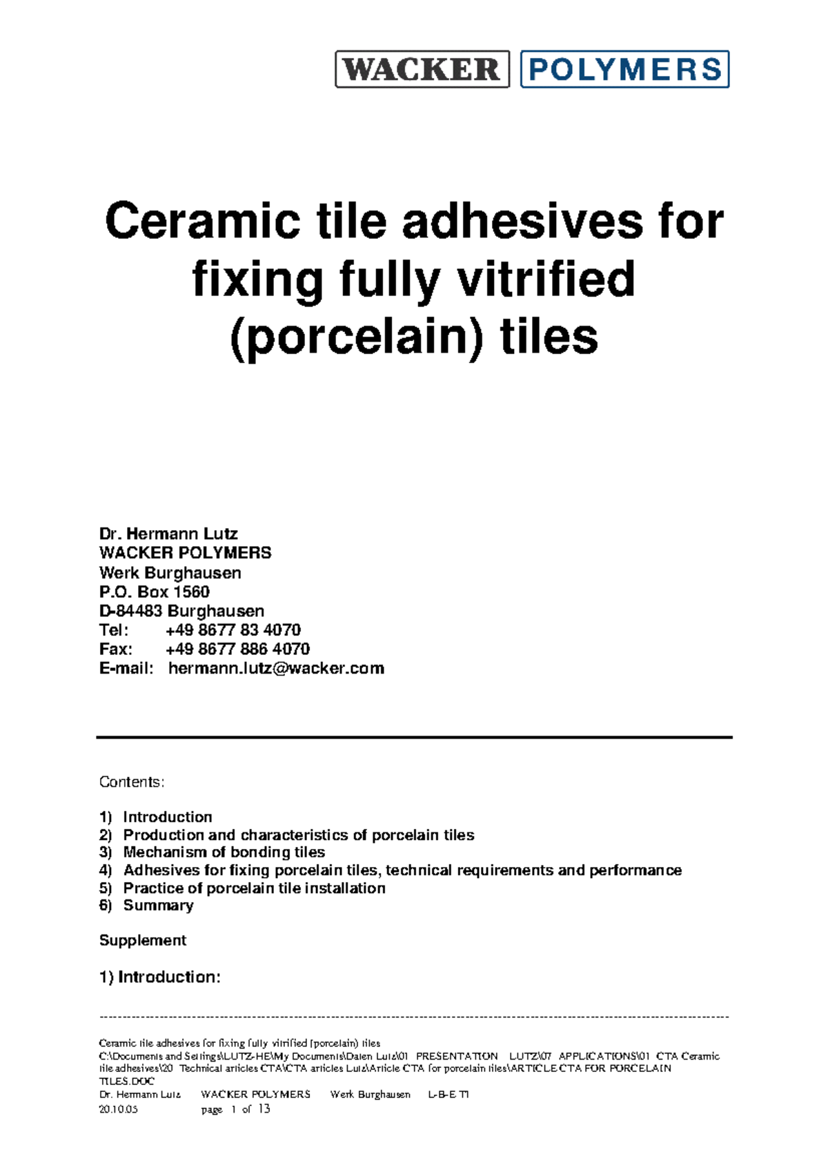 Technical Article on Ceramic Tile Adhesives for Porcelain Tiles (CTA ...