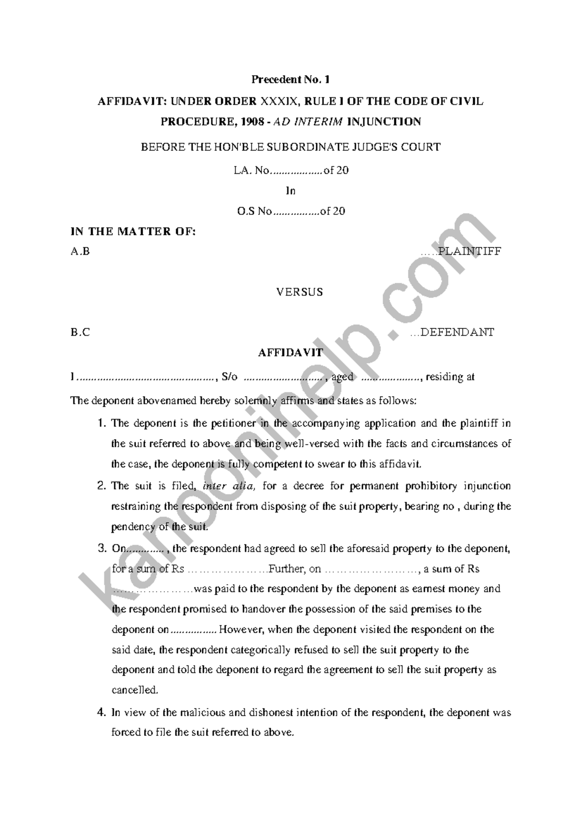 Affidavit- Under Order Xxxix RULE I OF THE CODE OF Civil Procedure 1908 ...