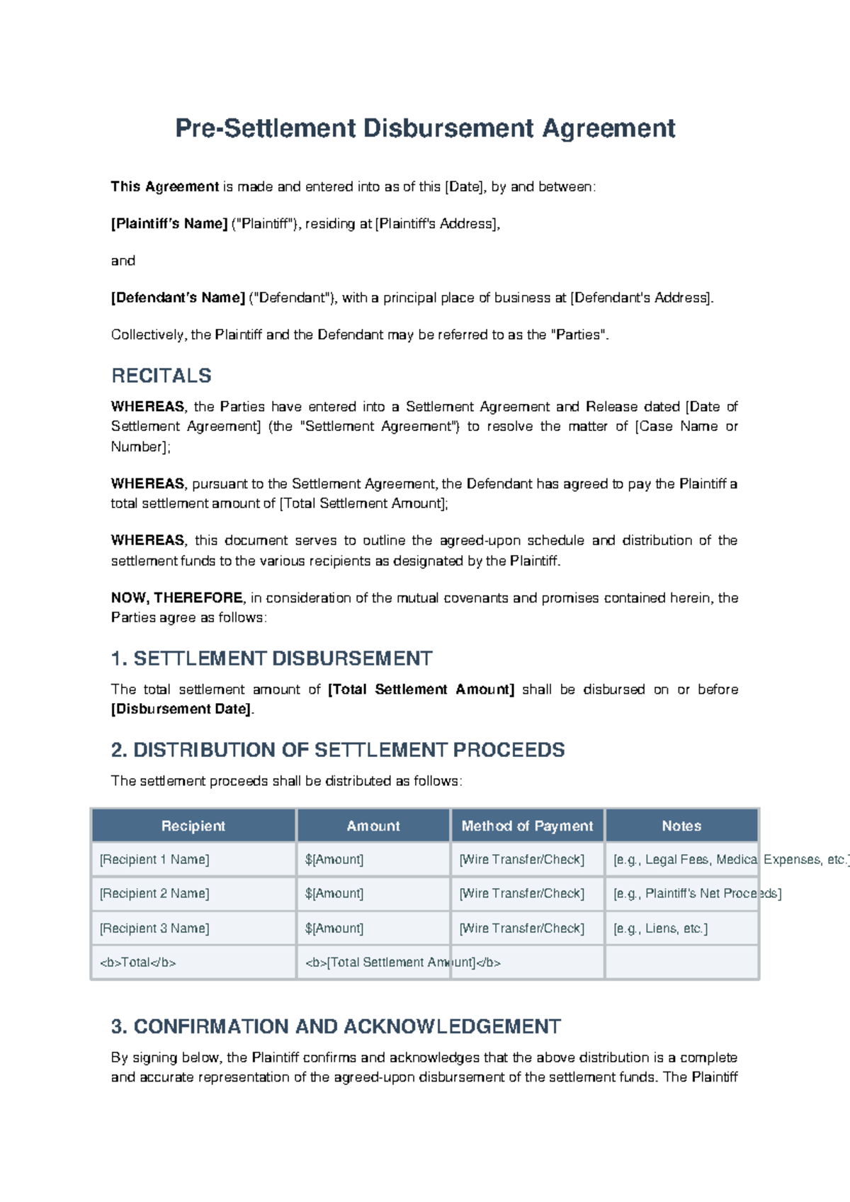 Pre-Settlement Disbursement Agreement: Terms & Distribution Details ...
