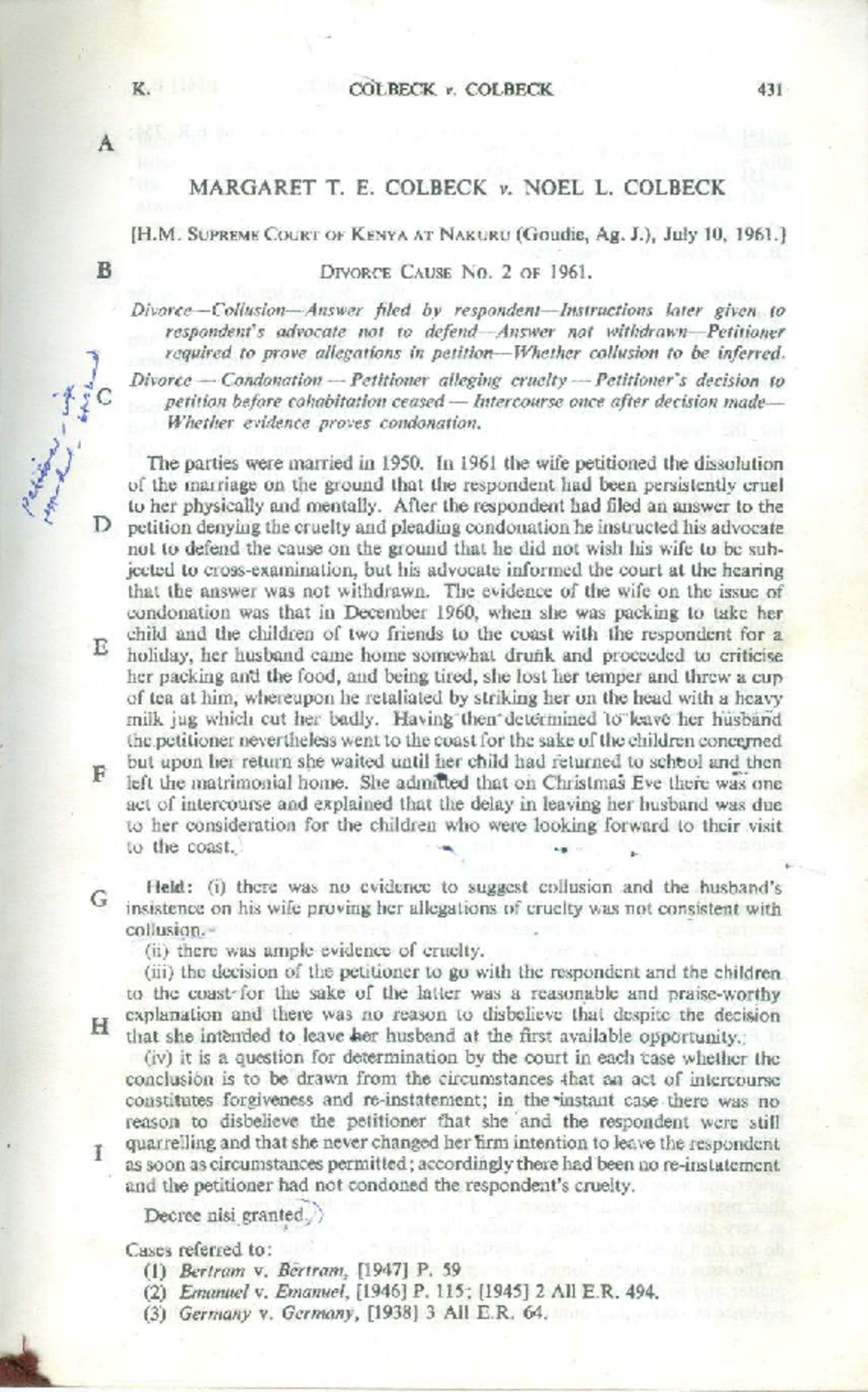 K. COLBECK V. COLBECK: Divorce Cause No. 2 of 1961 - Cruelty and ...