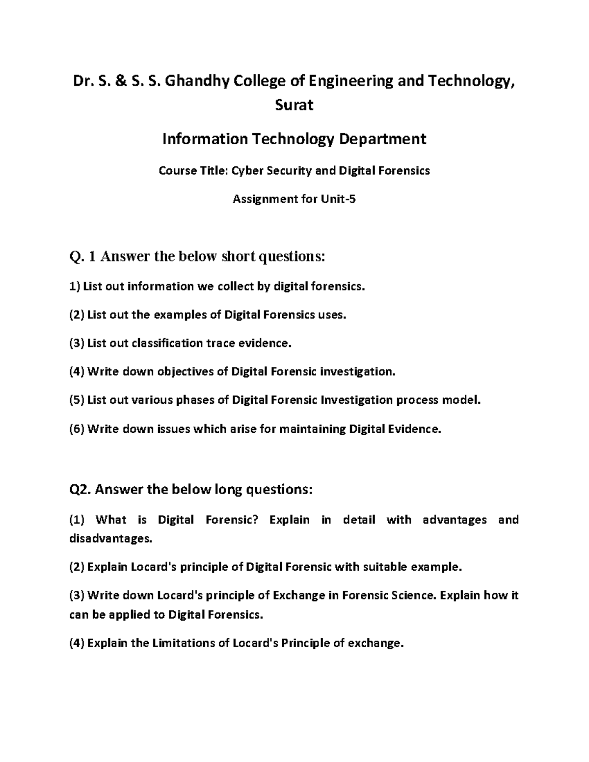 CSDF Assignment: Unit 5 Questions on Cyber Security & Forensics - Studocu