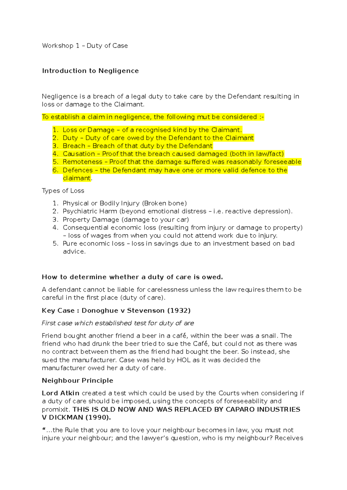Workshop 1: Introduction to Negligence and Duty of Care Analysis - Studocu