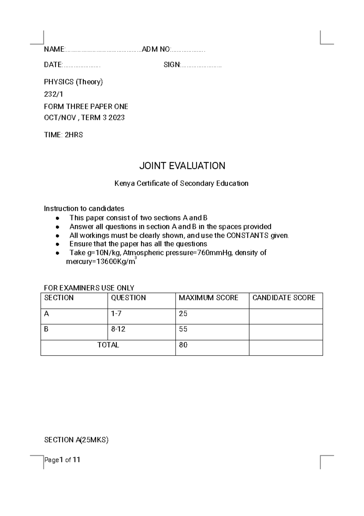 FORM-3-2023-END-T3-Physics-Paper-1-Questions - Studocu
