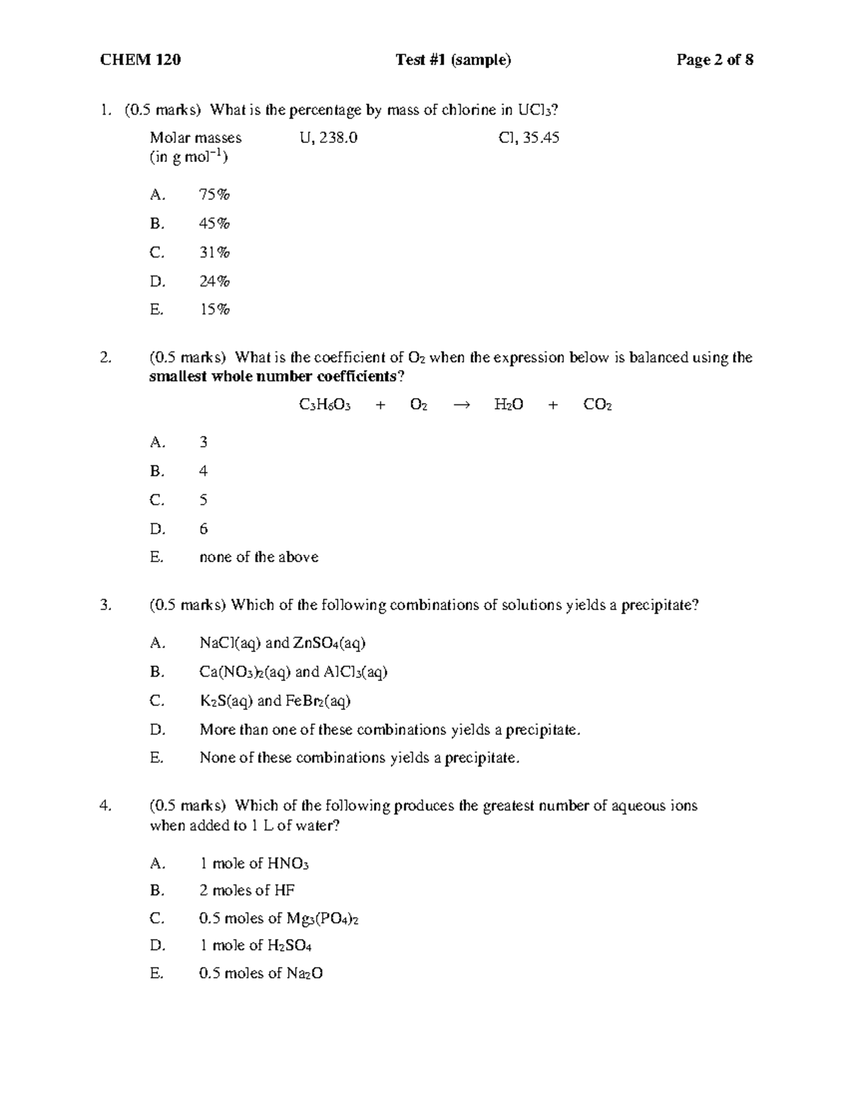 Chem 120 Sample Test 1 Practice Questions And Answers Studocu