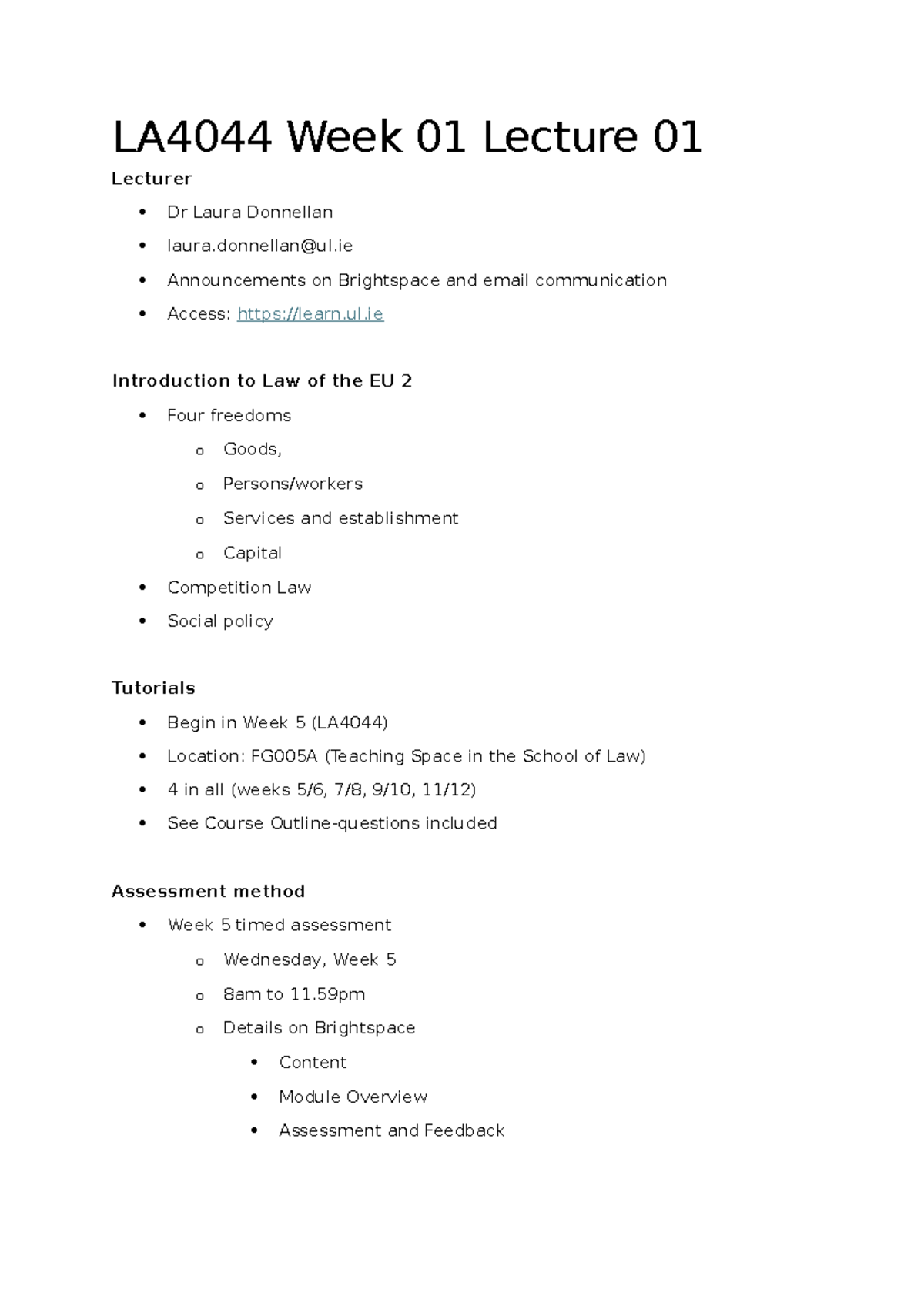LA4044 Week 01 Lecture 01: Intro to EU Law & Four Freedoms - Studocu