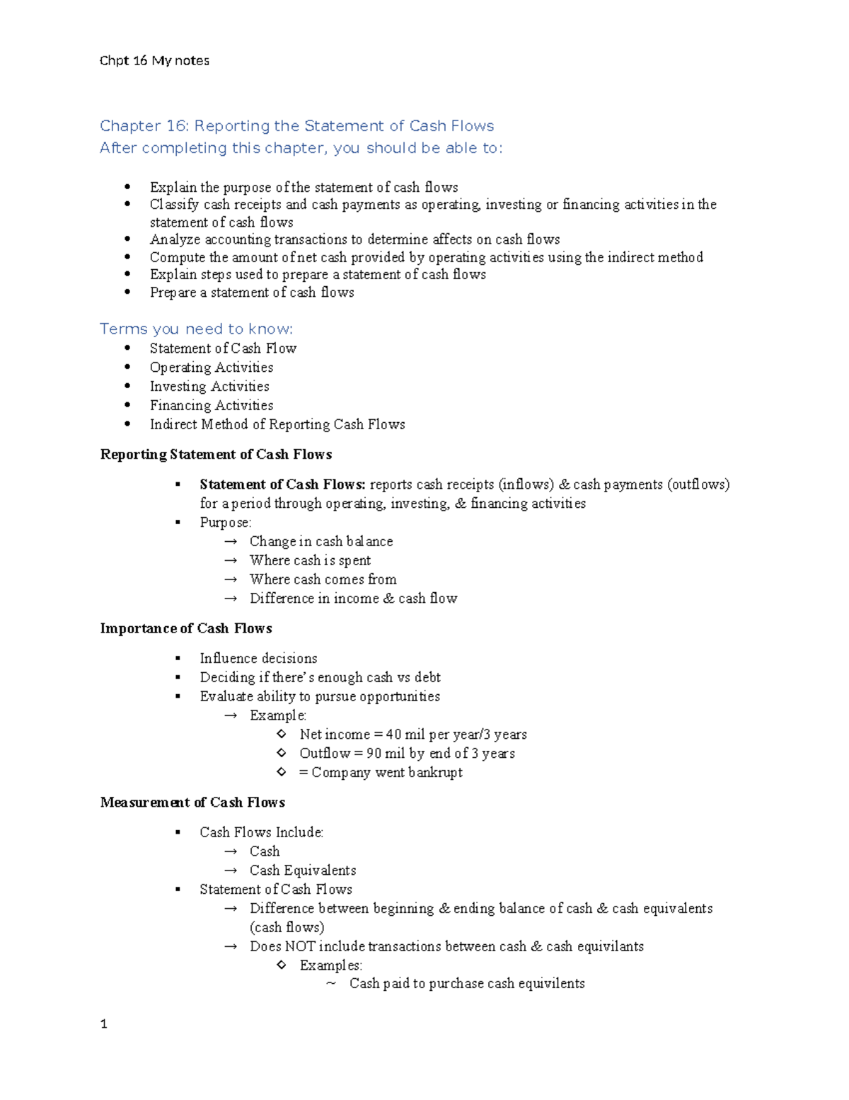 Ch 16 Study Notes: Understanding the Statement of Cash Flows - Studocu